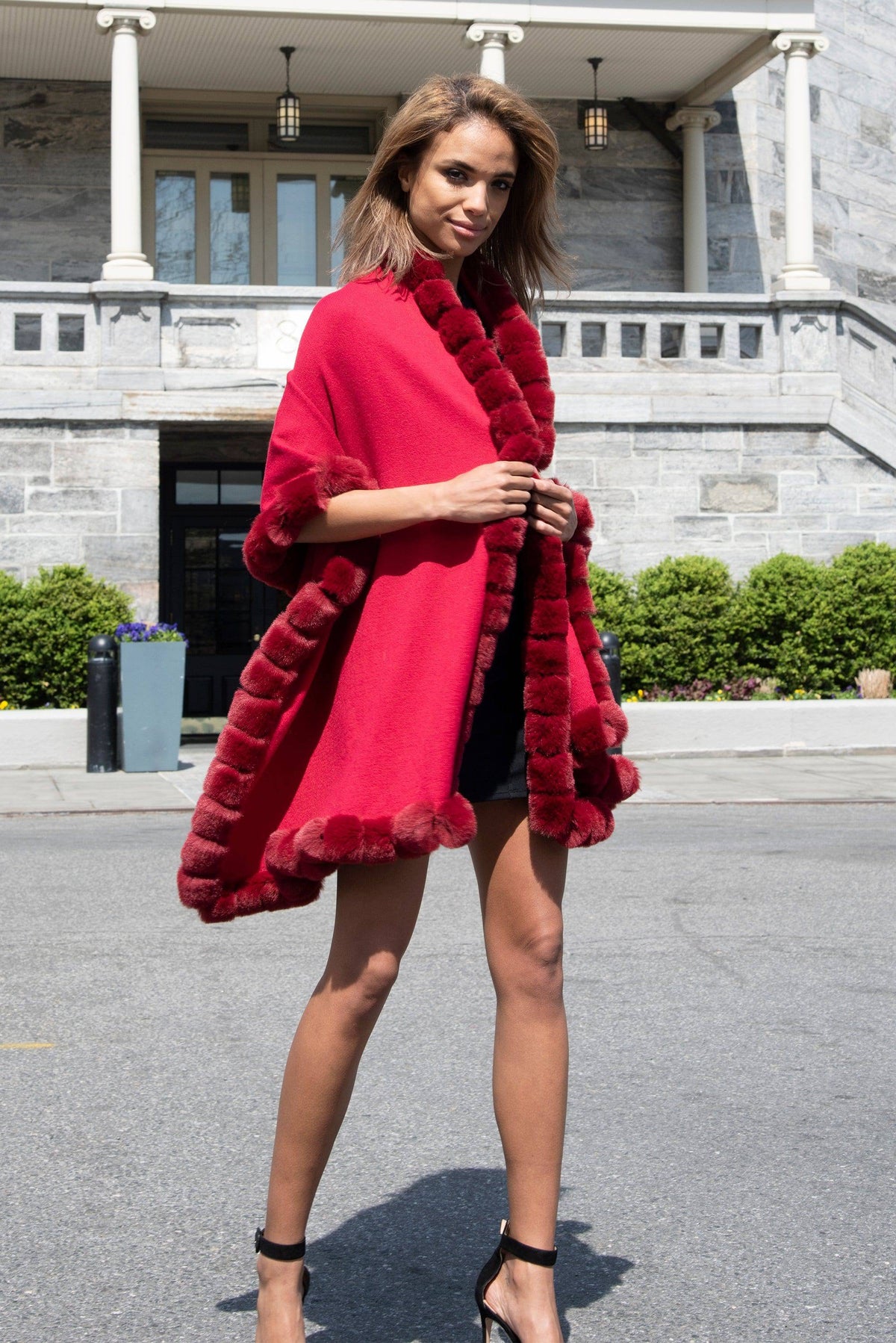 Wrap Scarf with Faux Trim - Red - Faux Fur Wrap - La Fiorentina 217091-FAUX -Red