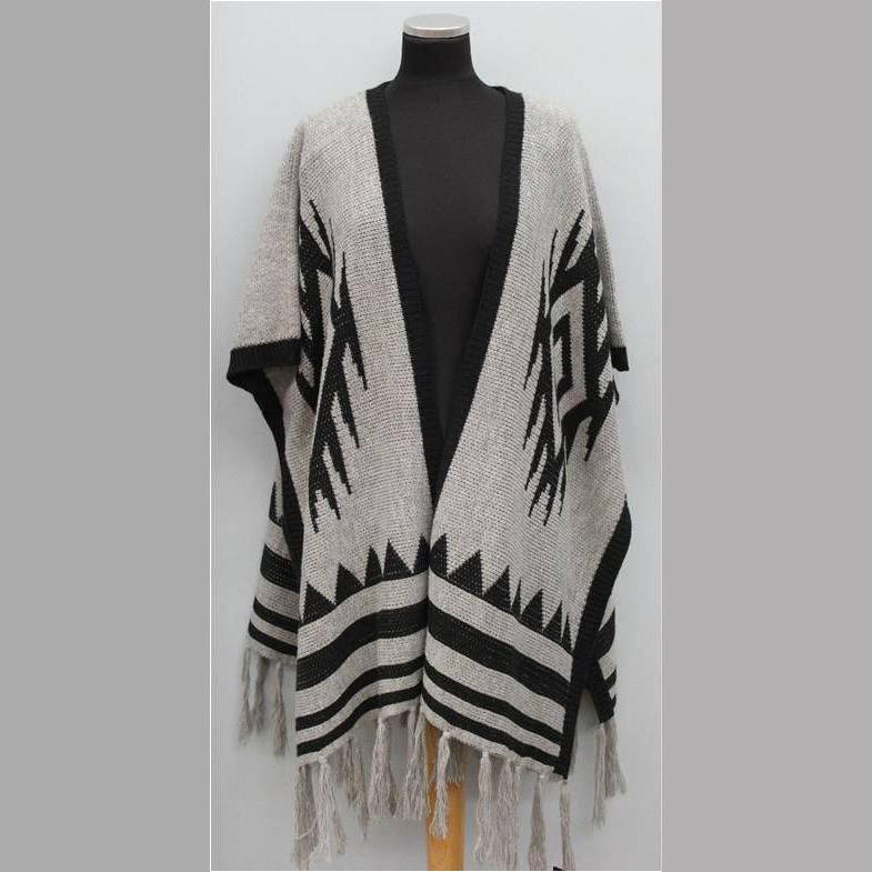 Wrap with Aztec Print and Fringe -  Grey/Black - Wrap - La Fiorentina HF-332