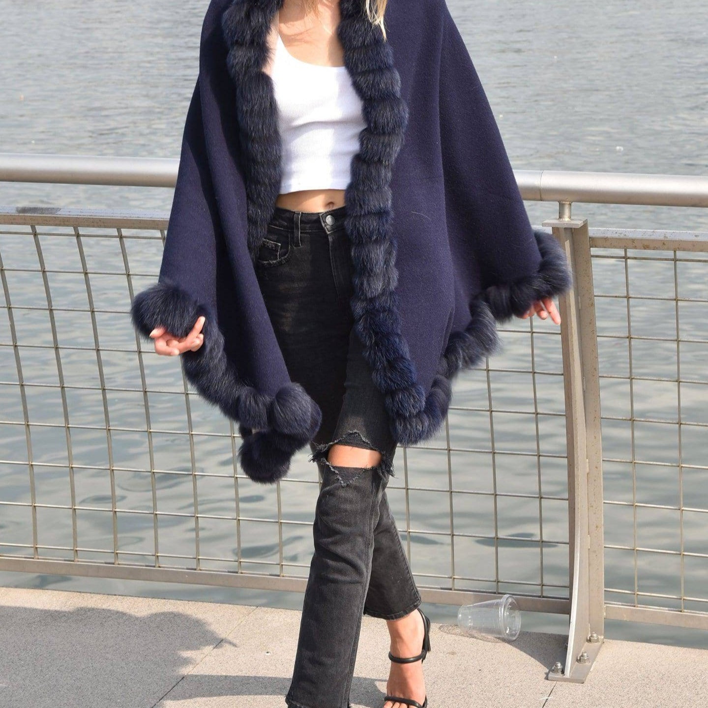 Wrap with Fox Pom Border - Dark Blue - Wrap - La Fiorentina LRO-1706