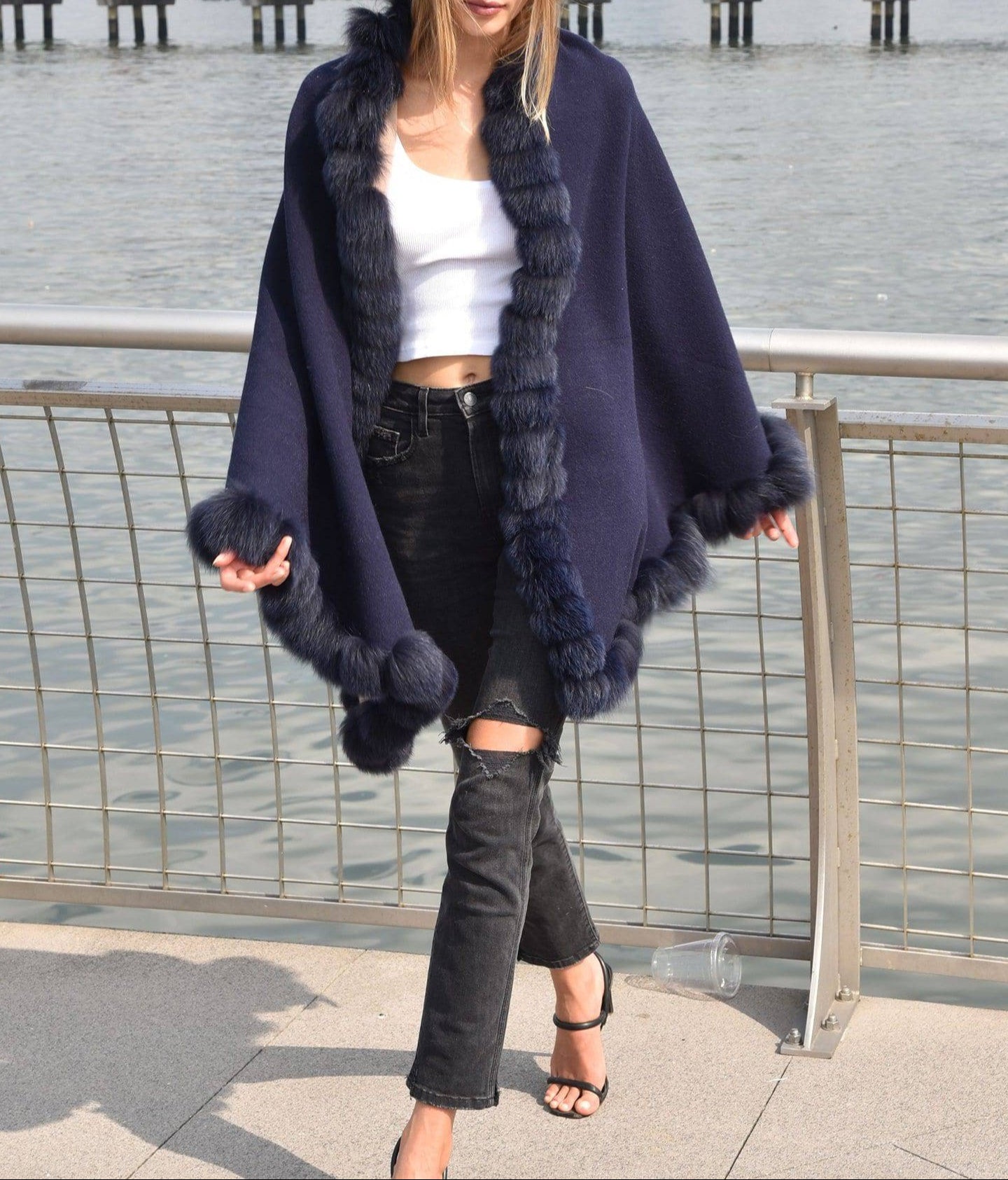 Wrap with Fox Pom Border - Dark Blue - Wrap - La Fiorentina LRO-1706