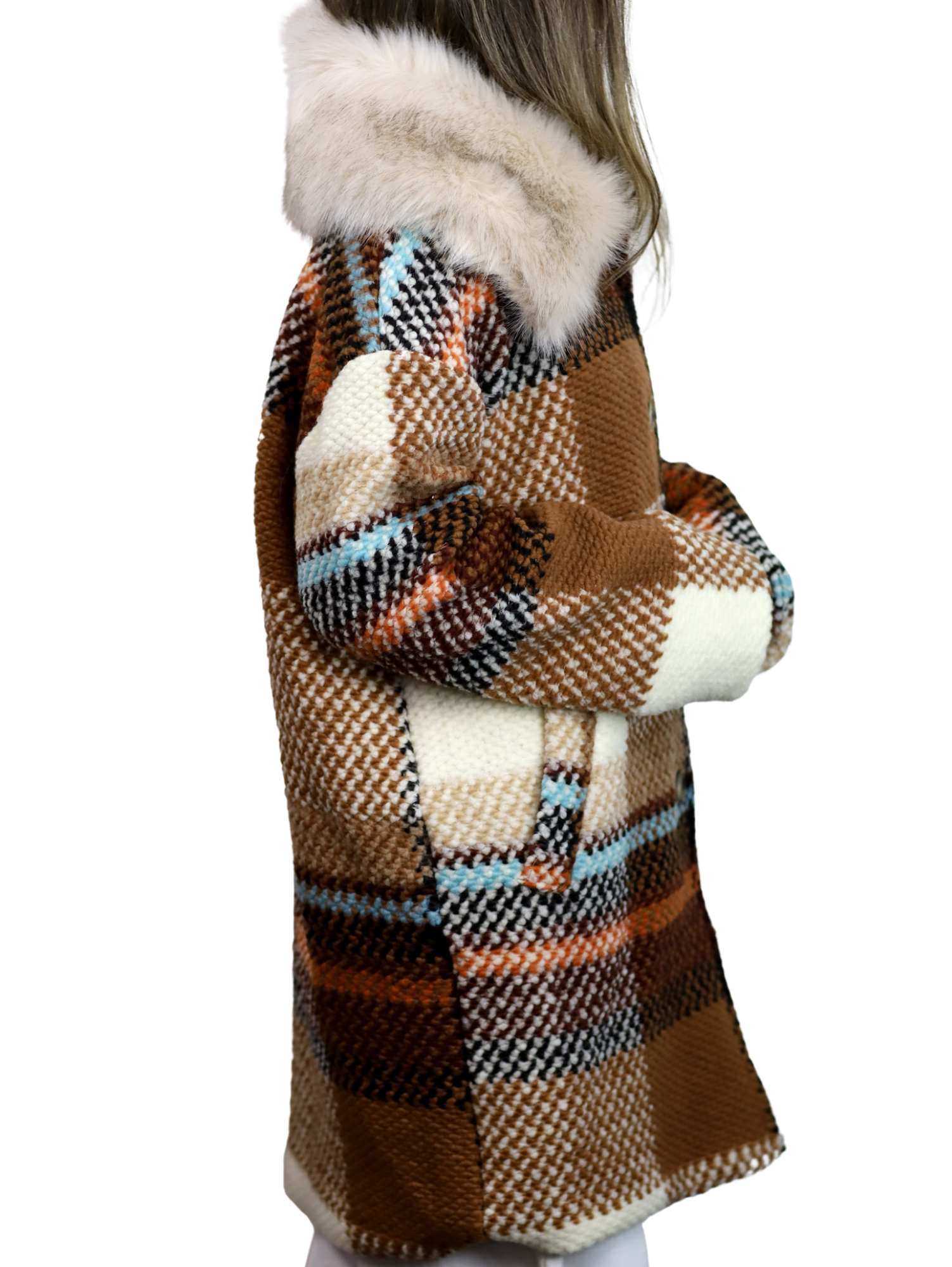 La Fiorentina Mid Length Plaid Wool Coat w/ Faux Fur Trim - Brown/Ivory - Faux Fur Jacket - La Fiorentina FL1826-IVRYBRWN-ML