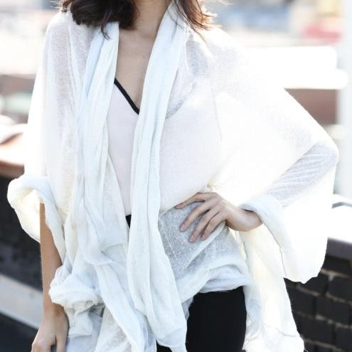 La Fiorentina Knitted Oversized Shawl with Double Trim - Cashmere/Silk Blend - Hand Painted - White/Grey - Shawl - La Fiorentina 13S-15-greywhite