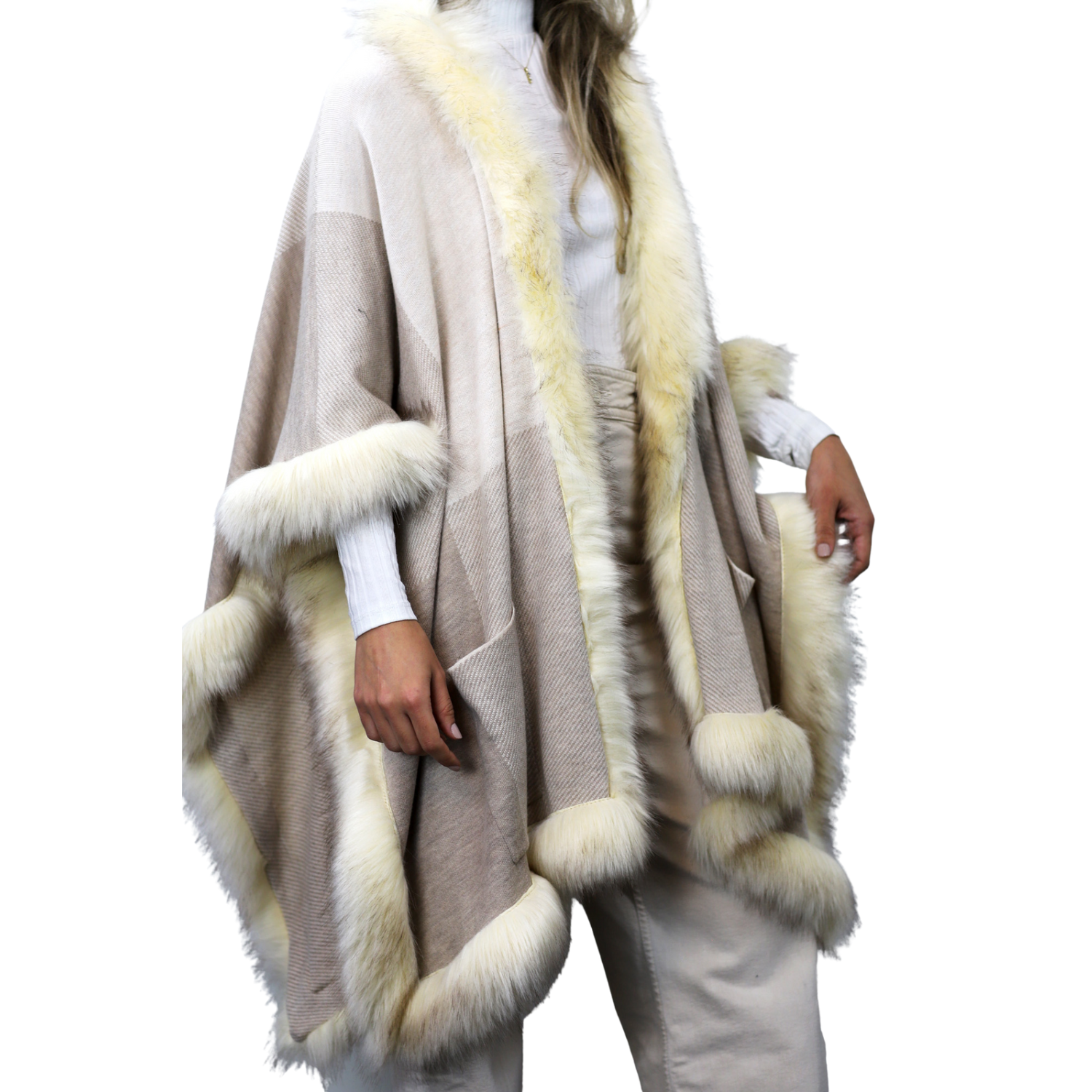 Knitted Wrap With Faux Trim-Beige - Faux Fur Wrap - La Fiorentina FAUX-Y16130-BEIGE