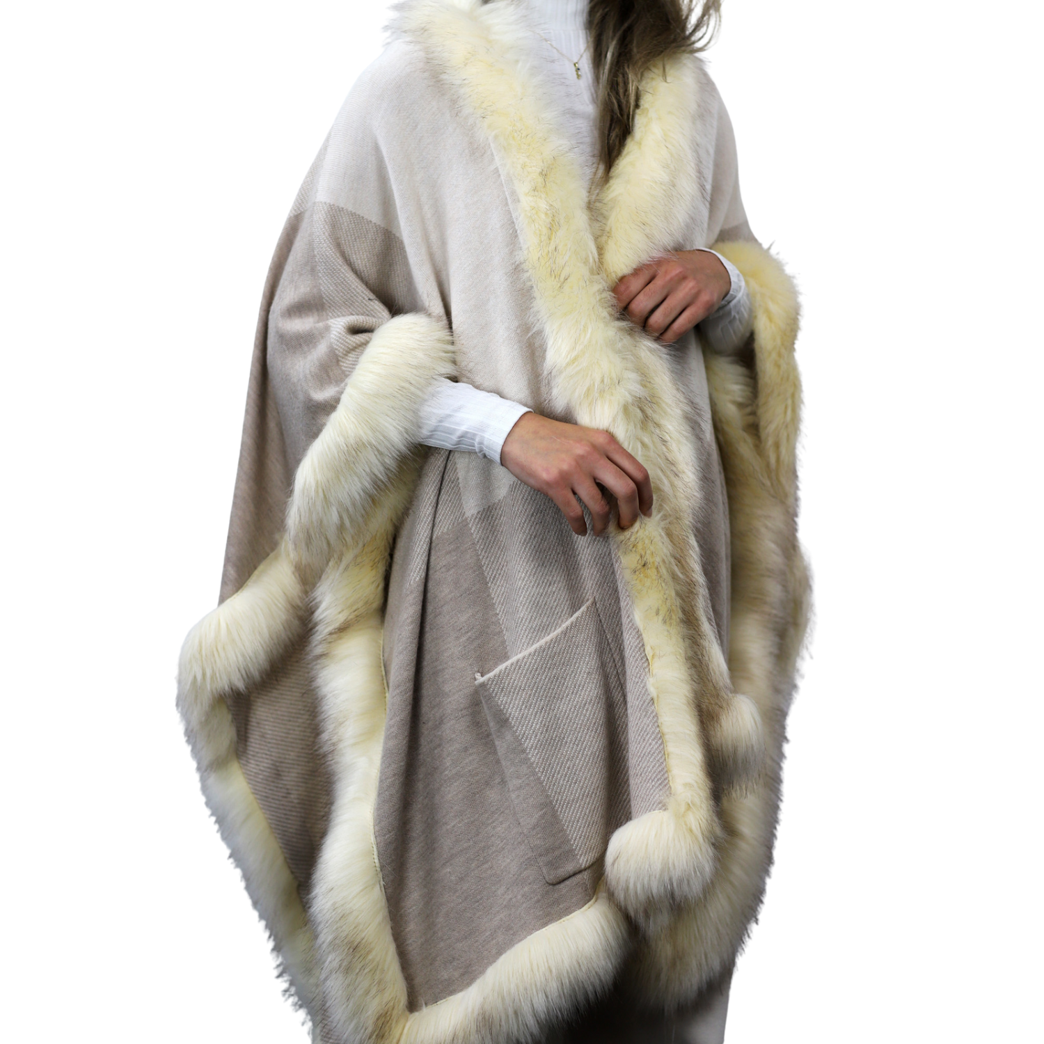 Knitted Wrap With Faux Trim-Beige - Faux Fur Wrap - La Fiorentina FAUX-Y16130-BEIGE