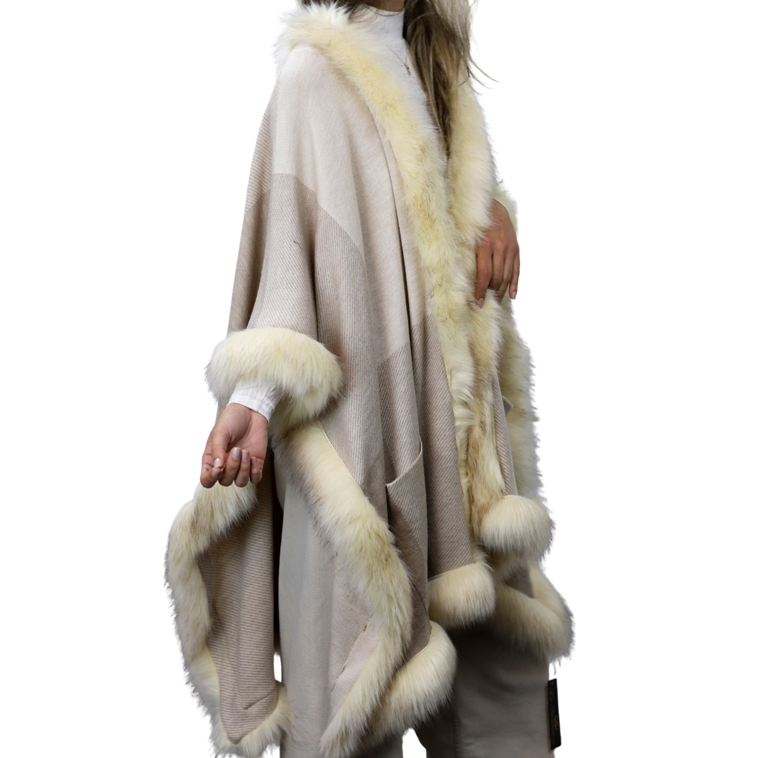 Knitted Wrap With Faux Trim-Beige - Faux Fur Wrap - La Fiorentina FAUX-Y16130-BEIGE