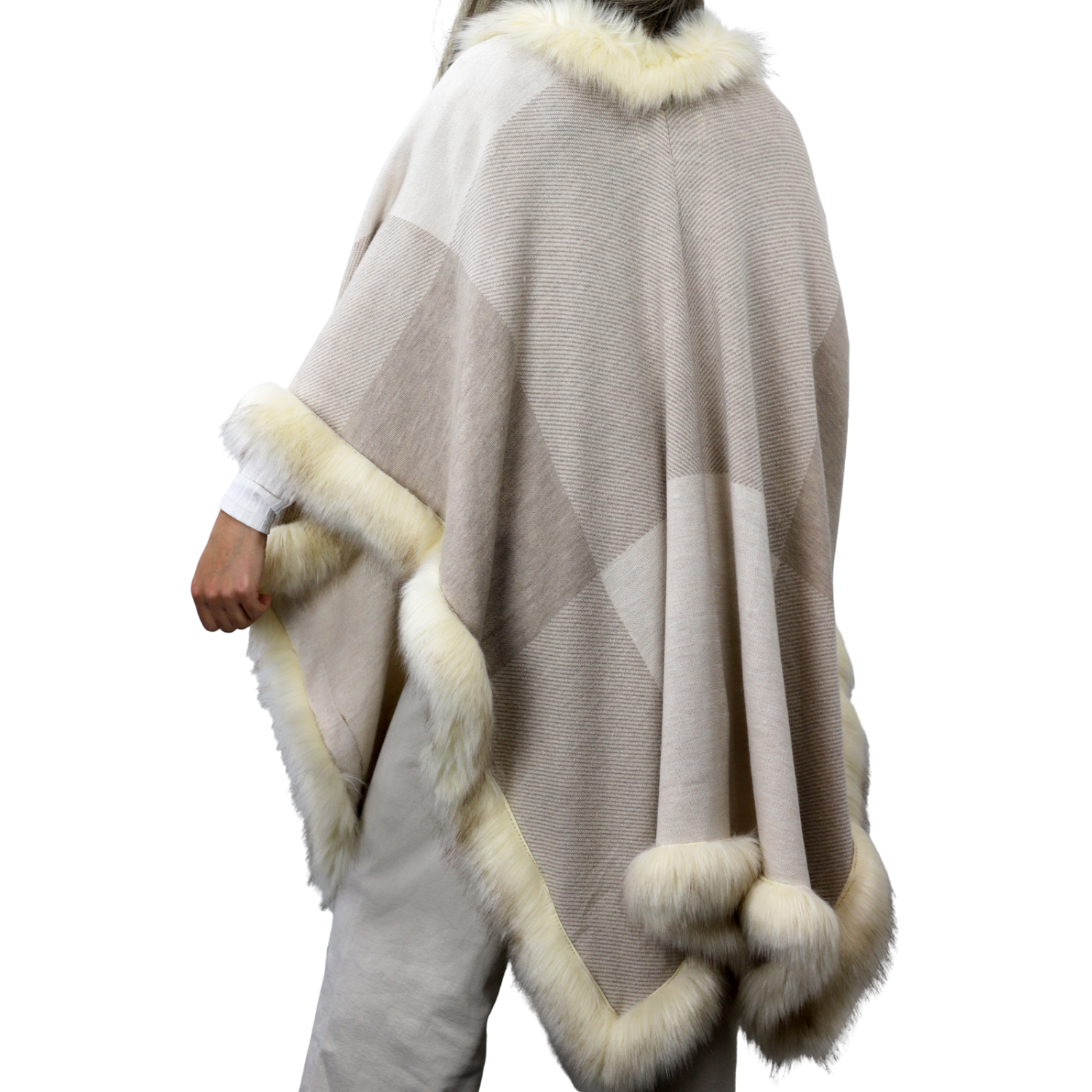 Knitted Wrap With Faux Trim-Beige - Faux Fur Wrap - La Fiorentina FAUX-Y16130-BEIGE