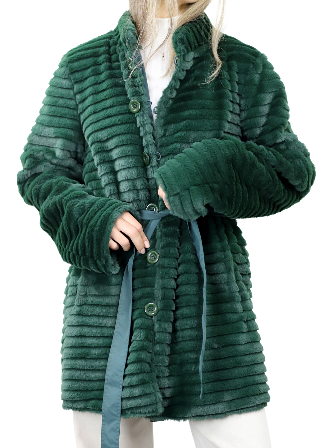 Reversible Faux Coat with Waist Best Detail - Green - Faux Fur Jacket - La Fiorentina 205005s-S
