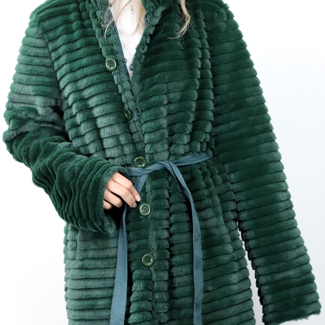 Reversible Faux Coat with Waist Best Detail - Green - Faux Fur Jacket - La Fiorentina 205005s-L
