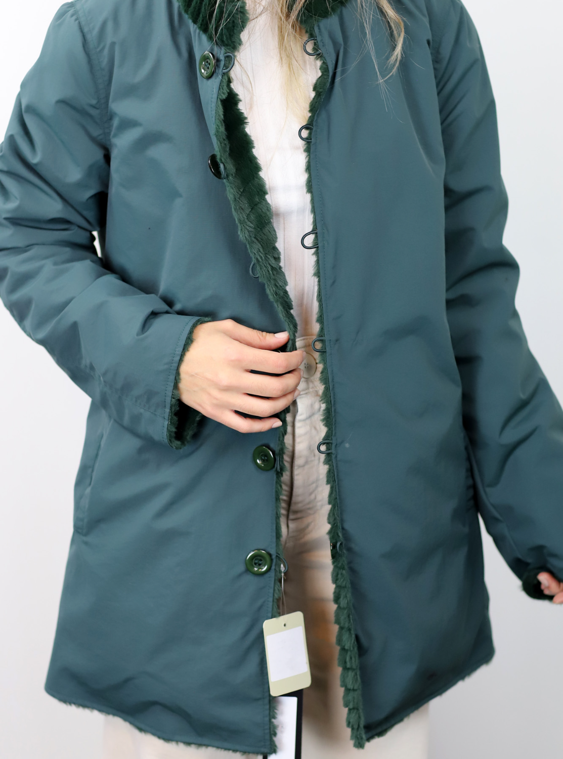 Reversible Faux Coat with Waist Best Detail - Green - Faux Fur Jacket - La Fiorentina 205005s-L