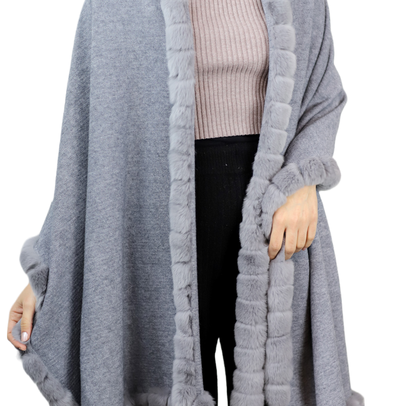 La Fiorentina Wrap with Rex Fur Trim - Grey - Fur Wrap - La Fiorentina 217091-B-GRAY