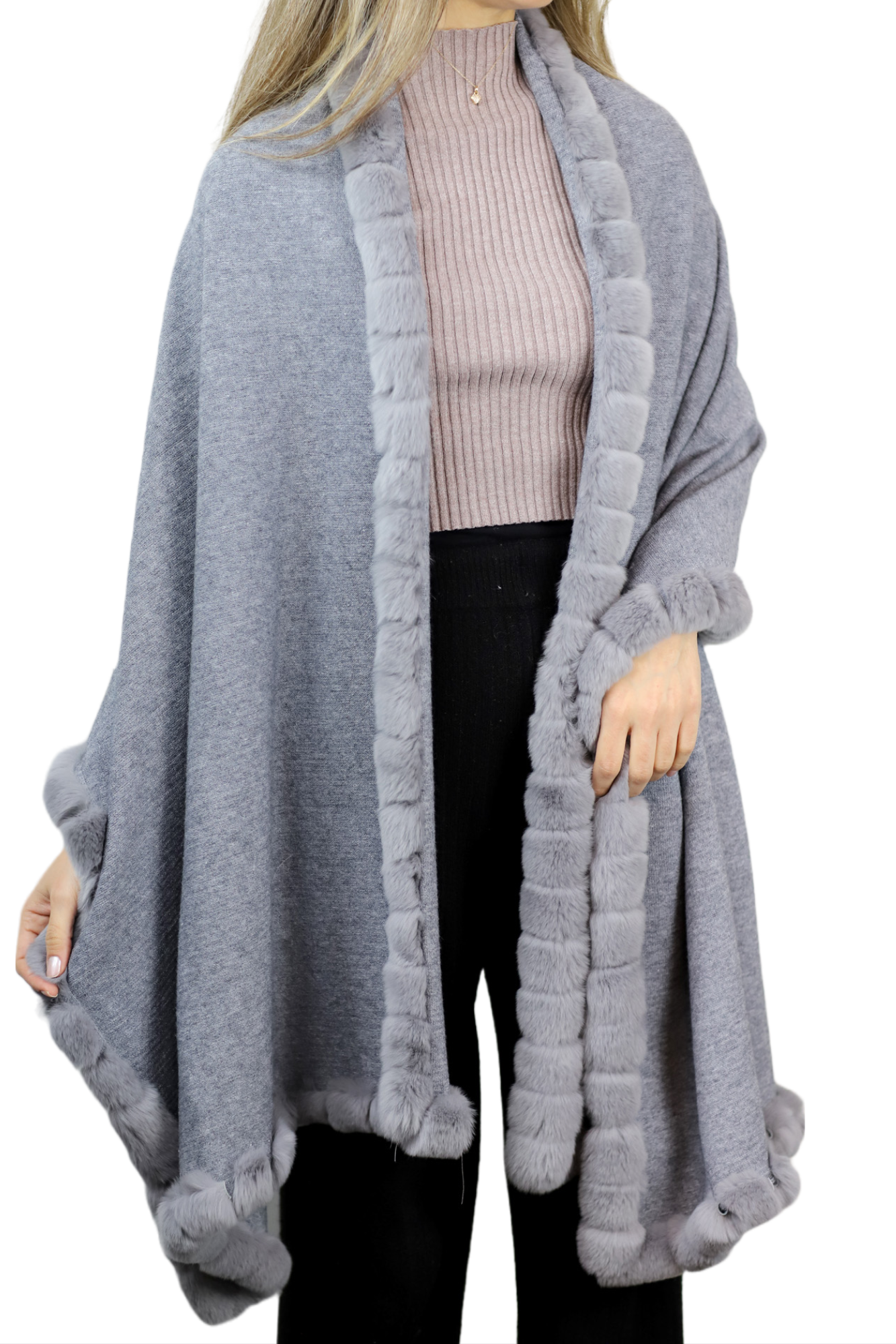 La Fiorentina Wrap with Rex Fur Trim - Grey - Fur Wrap - La Fiorentina 217091-B-GRAY