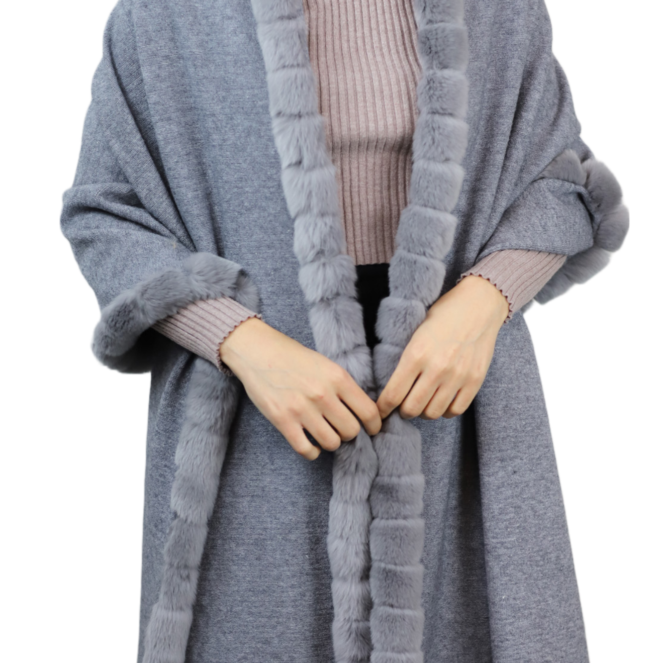 La Fiorentina Wrap with Rex Fur Trim - Grey La Fiorentina Wrap with Rex Fur Trim - Grey