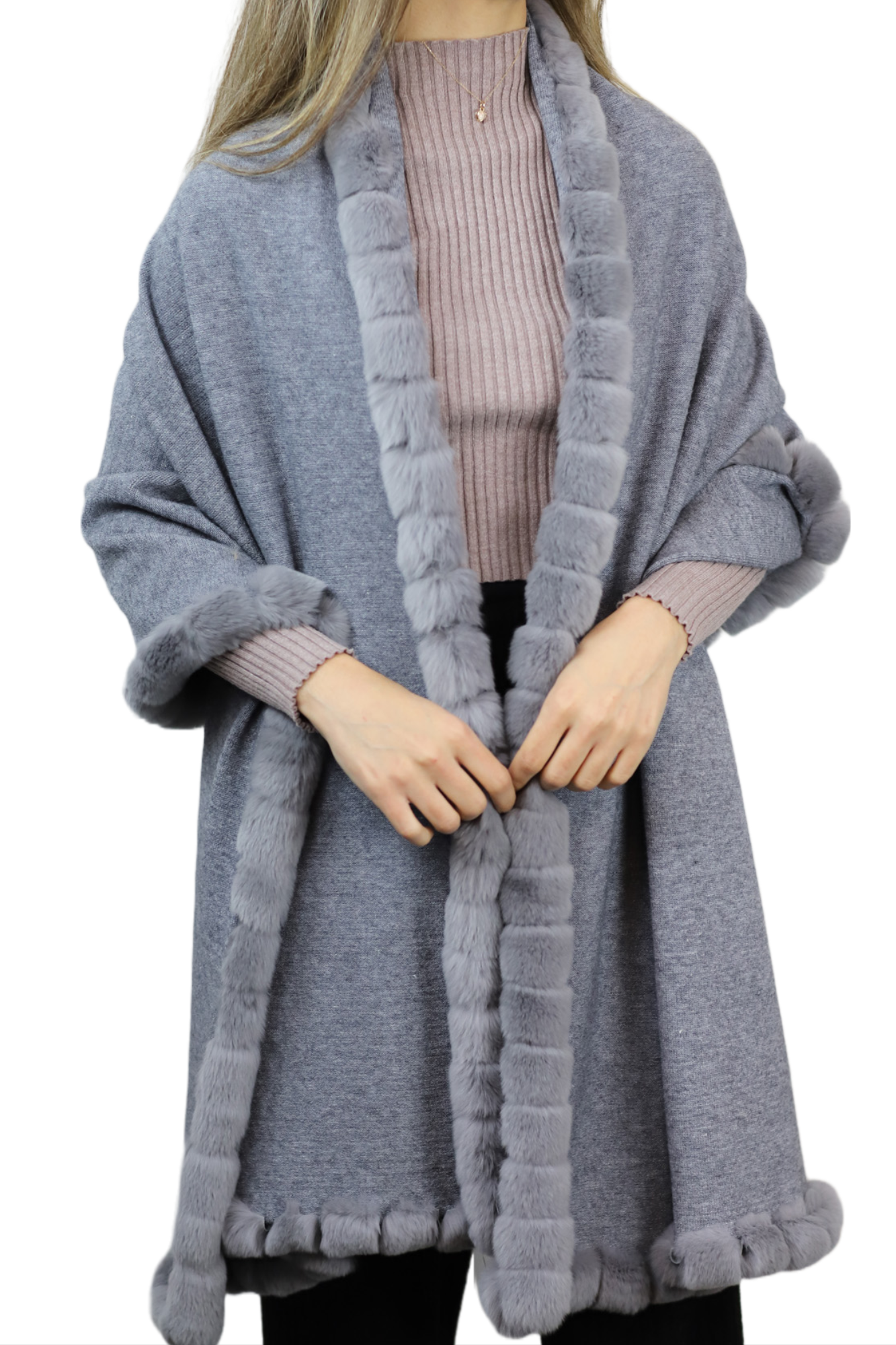 La Fiorentina Wrap with Rex Fur Trim - Grey - Fur Wrap - La Fiorentina 217091-B-GRAY