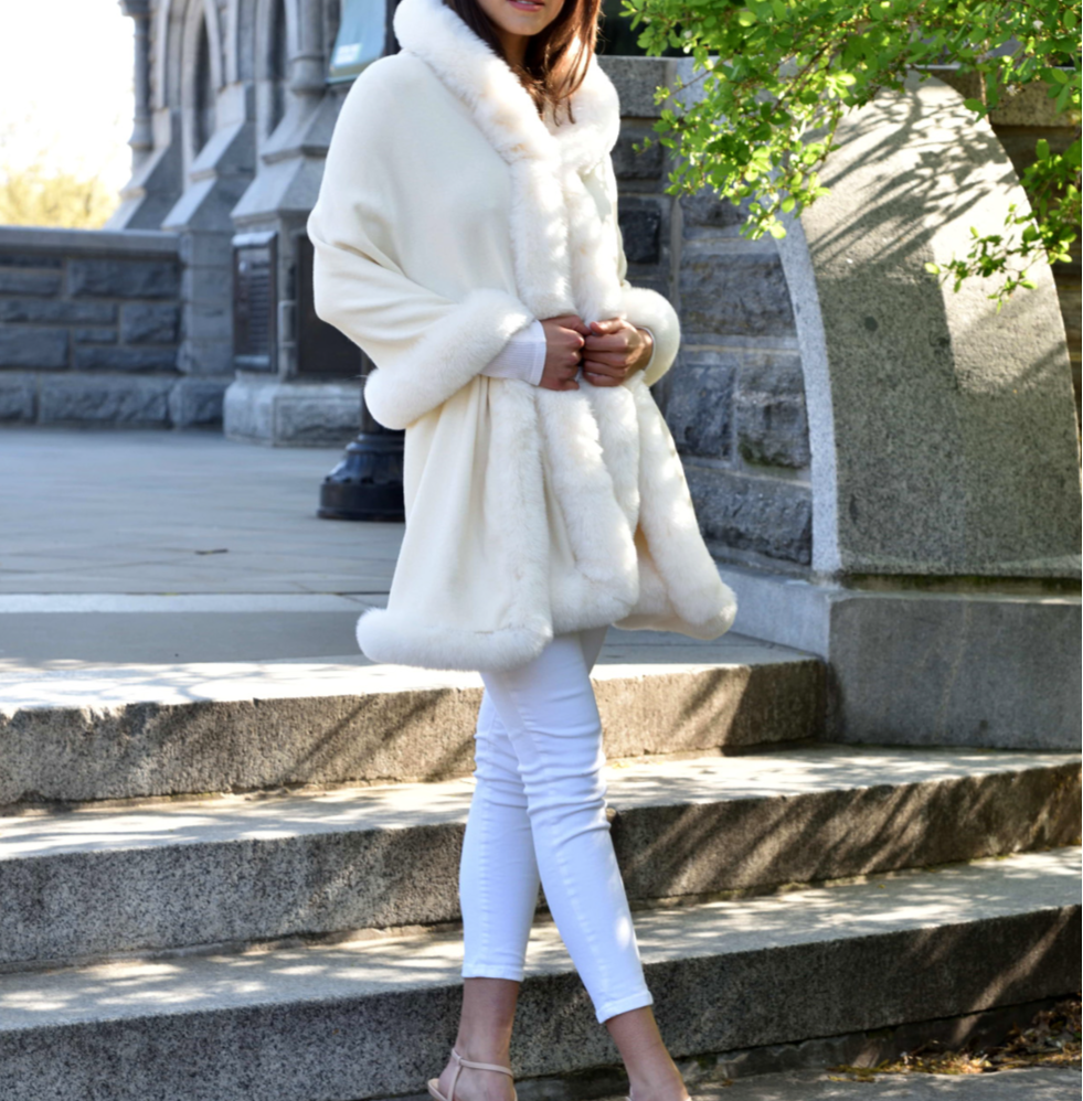 Wrap with Hood & Faux Trim - Ivory - Faux Fur Wrap - La Fiorentina 217901-Hood-IVORY
