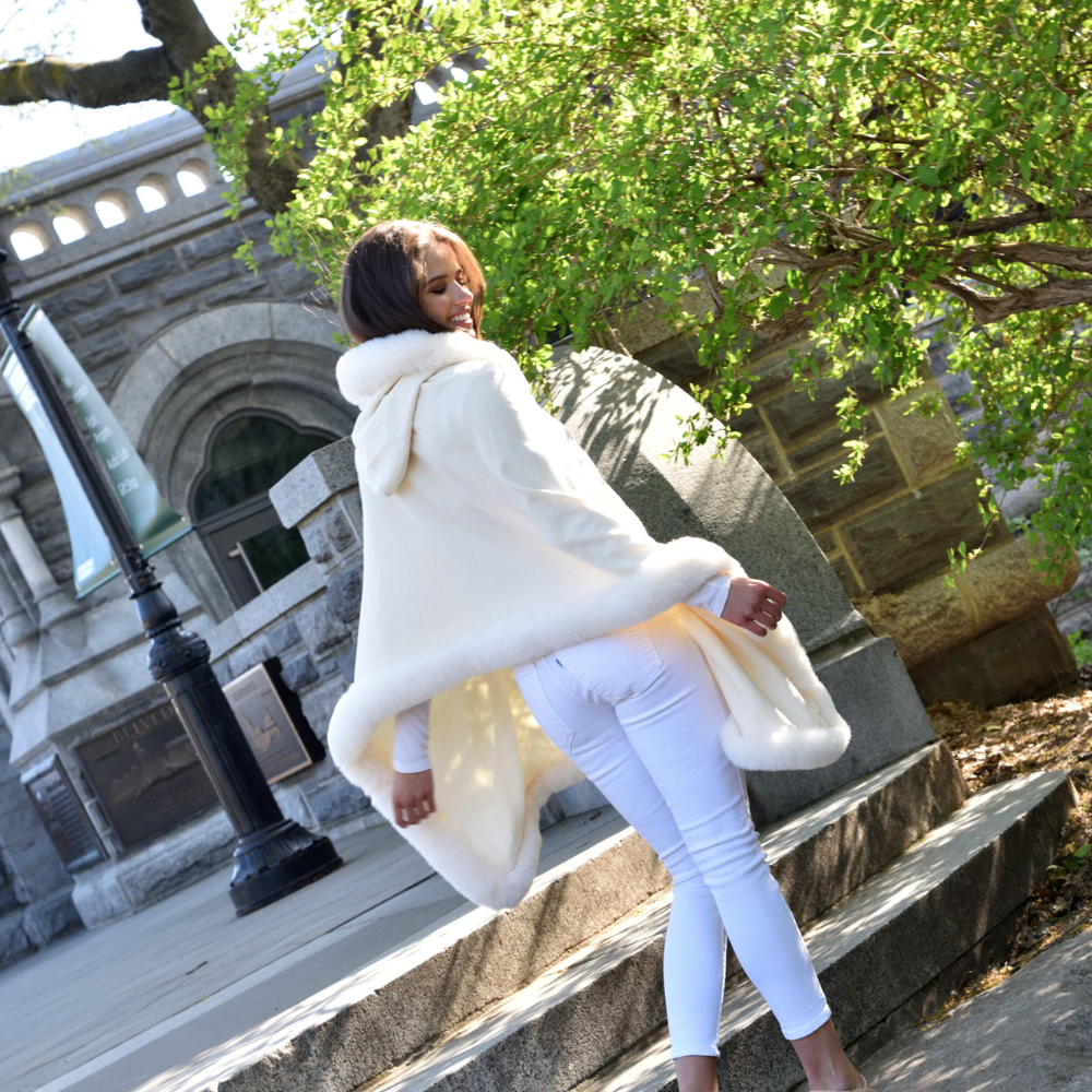Wrap with Hood & Faux Trim - Ivory - Faux Fur Wrap - La Fiorentina 217901-Hood-IVORY