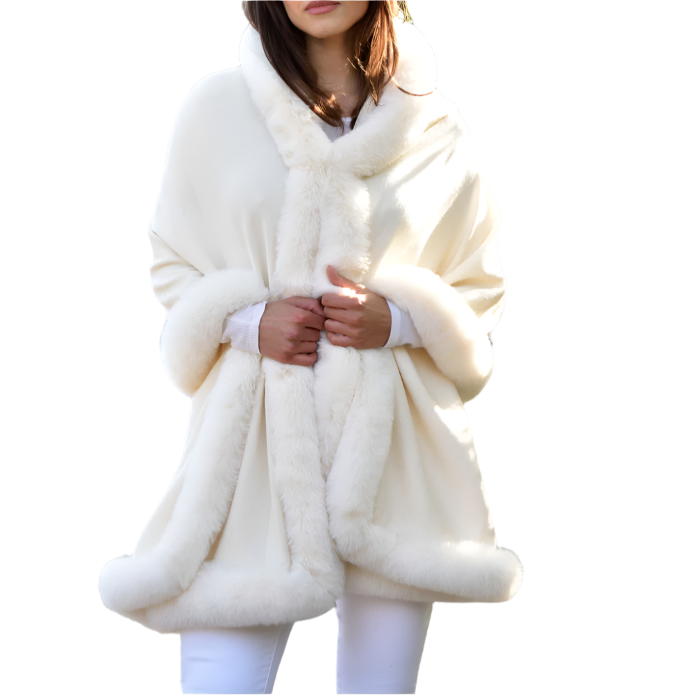 Wrap with Hood & Faux Trim - Ivory - Faux Fur Wrap - La Fiorentina 217901-Hood-IVORY