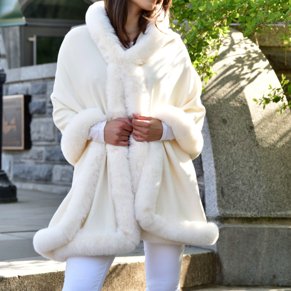 Wrap with Hood & Faux Trim - Ivory - Faux Fur Wrap - La Fiorentina 217901-Hood-IVORY
