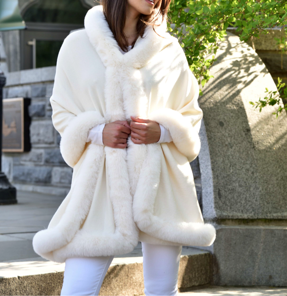 Wrap with Hood & Faux Trim - Ivory - Faux Fur Wrap - La Fiorentina 217901-Hood-IVORY