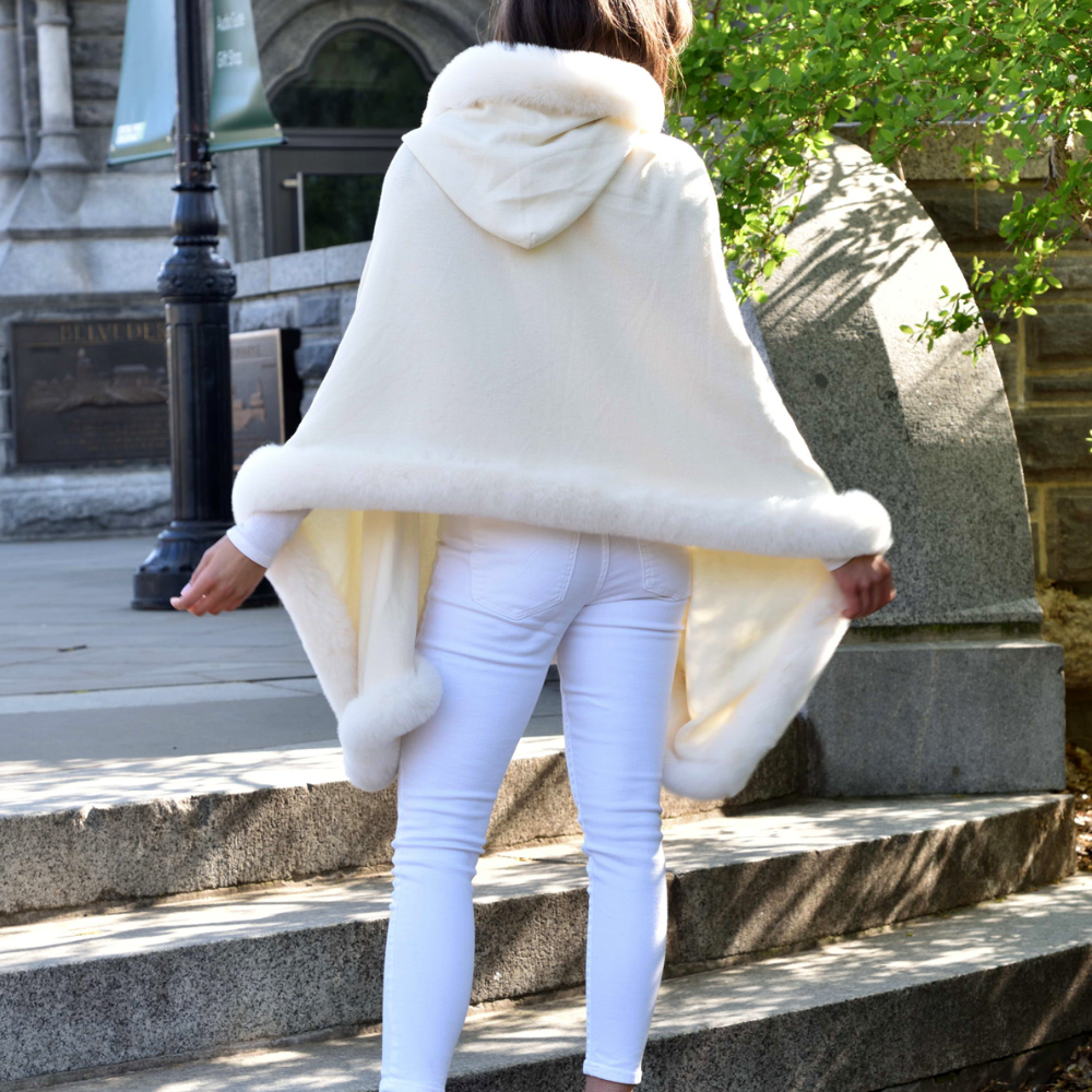Wrap with Hood & Faux Trim - Ivory - Faux Fur Wrap - La Fiorentina 217901-Hood-IVORY