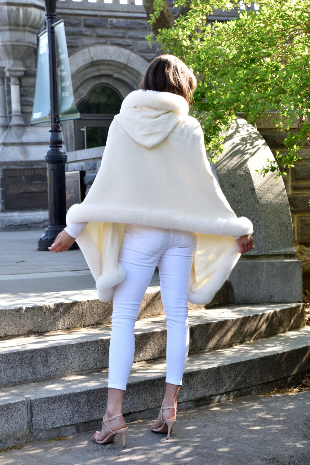 Wrap with Hood & Faux Trim - Ivory - Faux Fur Wrap - La Fiorentina 217901-Hood-IVORY