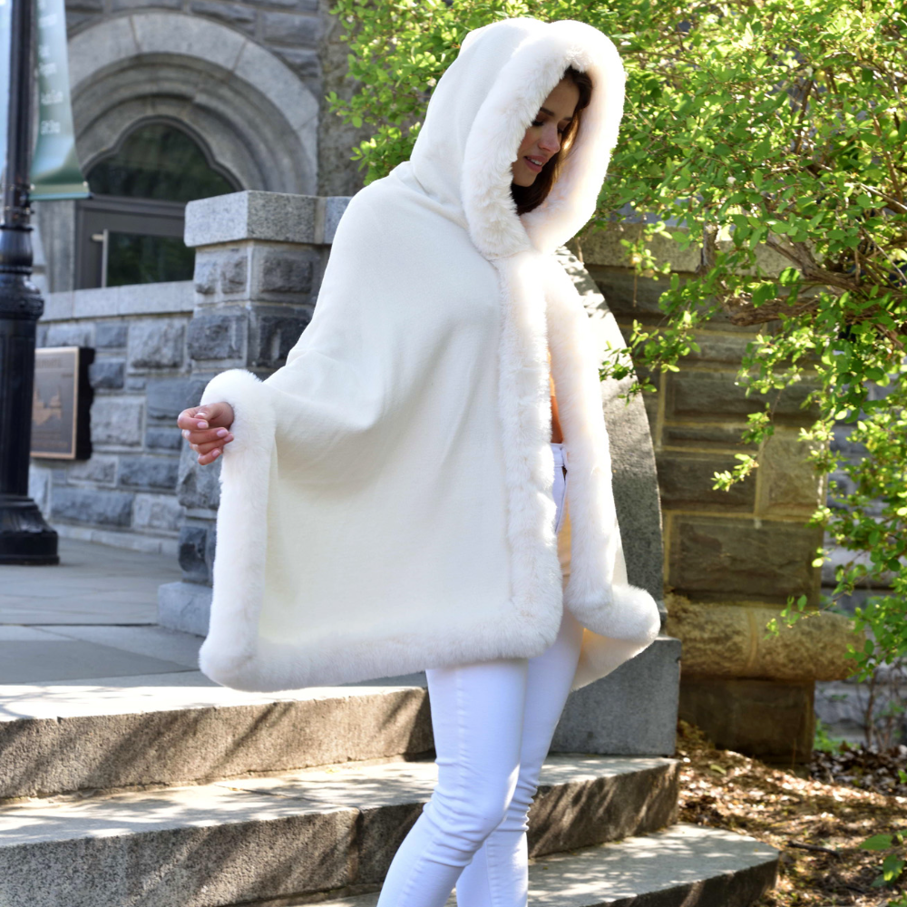 Wrap with Hood & Faux Trim - Ivory - Faux Fur Wrap - La Fiorentina 217901-Hood-IVORY