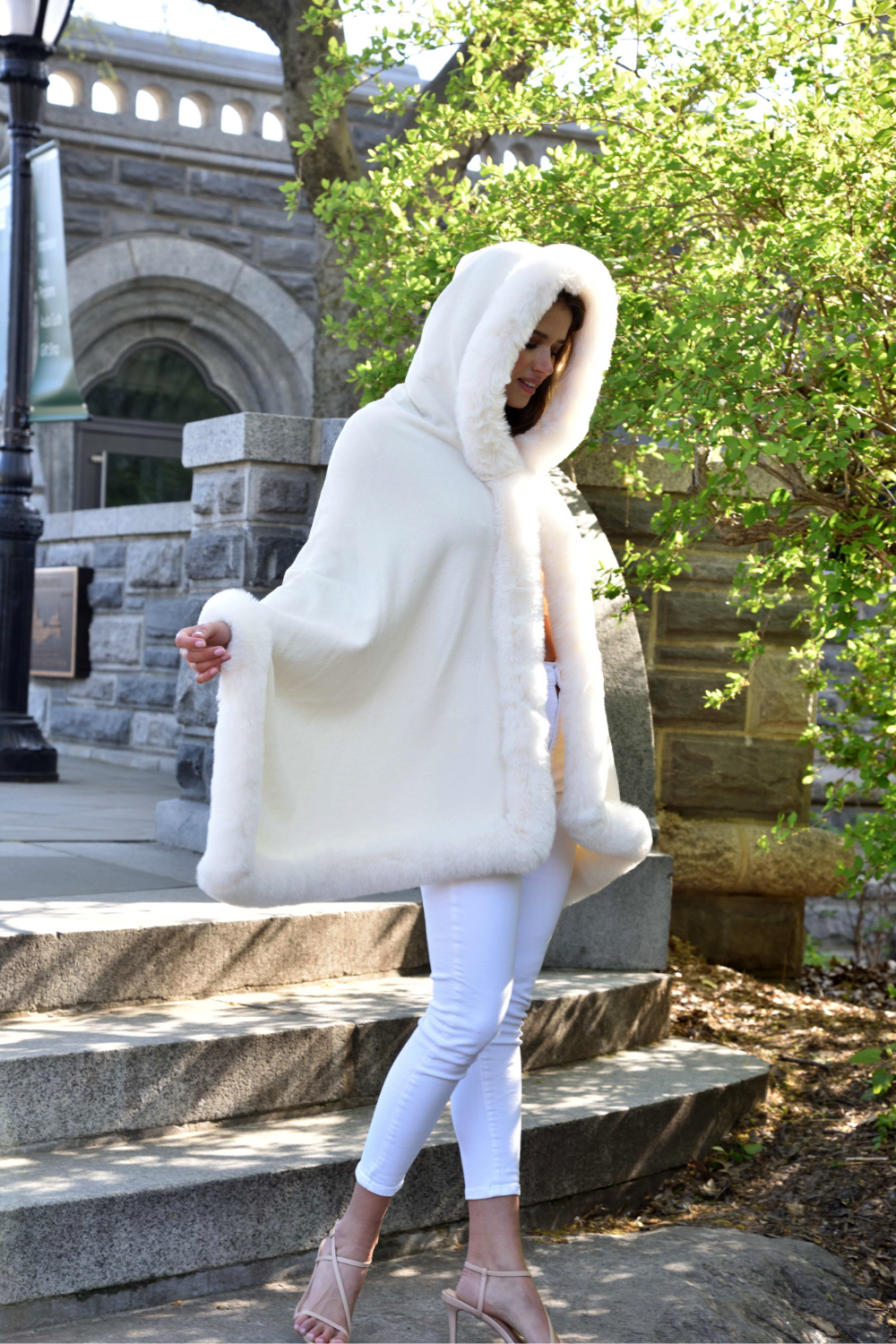 Wrap with Hood & Faux Trim - Ivory - Faux Fur Wrap - La Fiorentina 217901-Hood-IVORY