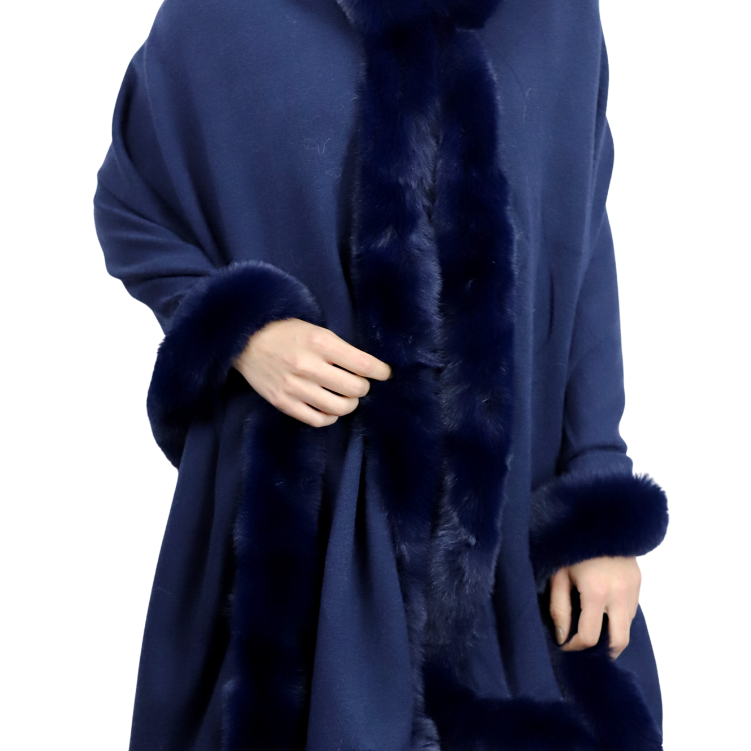 Wrap with Hood & Faux Fur Trim - Navy - Faux Fur Wrap - La Fiorentina 217901HOOD-NAVY