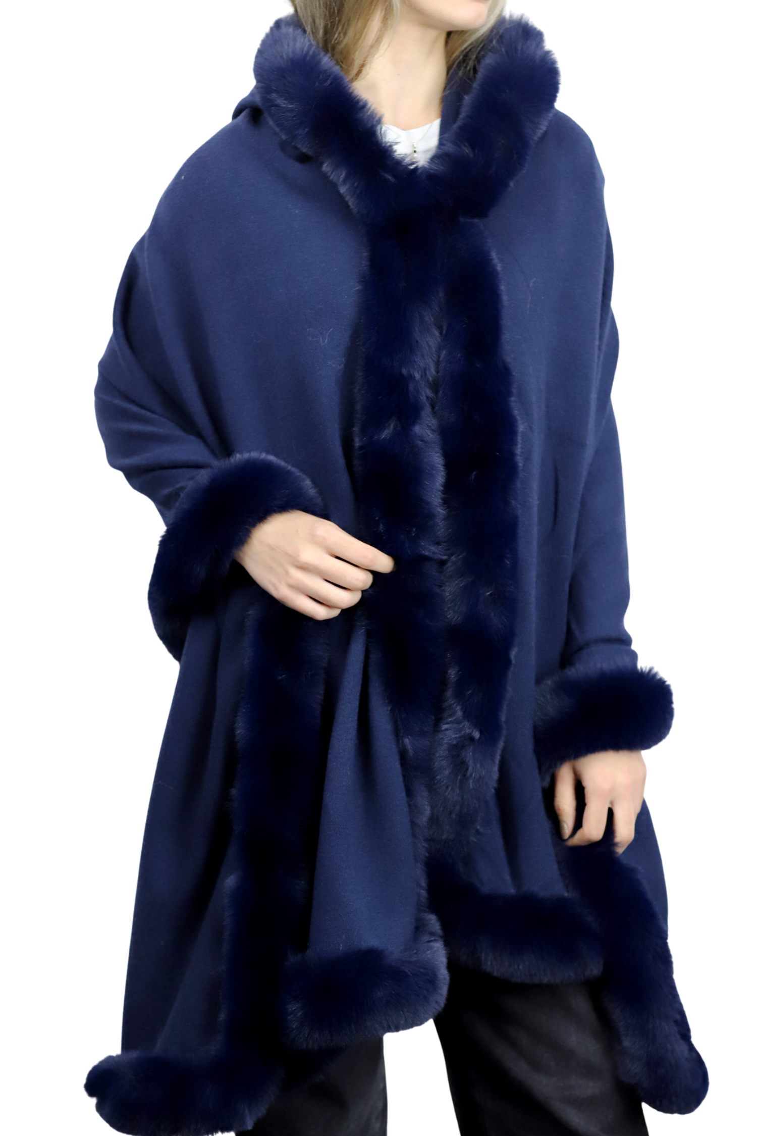 Wrap with Hood & Faux Fur Trim - Navy - Faux Fur Wrap - La Fiorentina 217901HOOD-NAVY