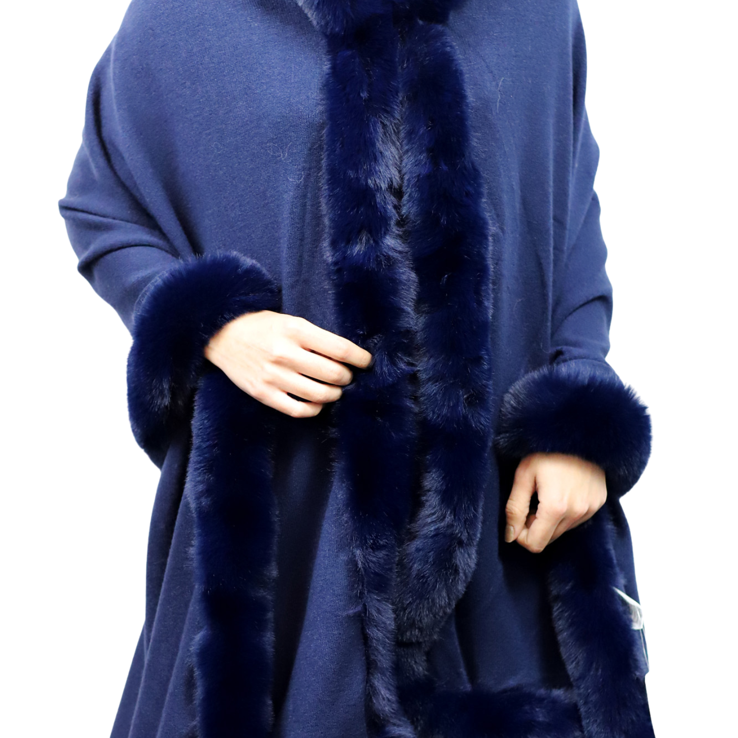 Wrap with Hood & Faux Fur Trim - Navy - Faux Fur Wrap - La Fiorentina 217901HOOD-NAVY