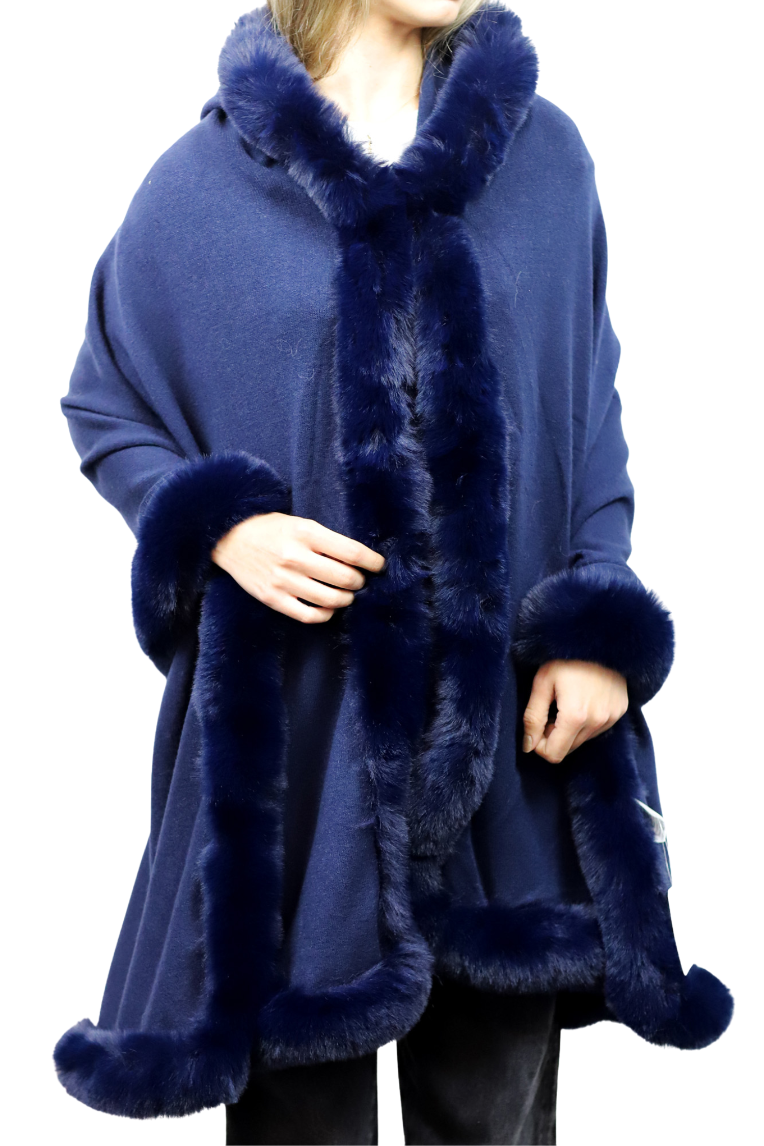 Wrap with Hood & Faux Fur Trim - Navy - Faux Fur Wrap - La Fiorentina 217901HOOD-NAVY