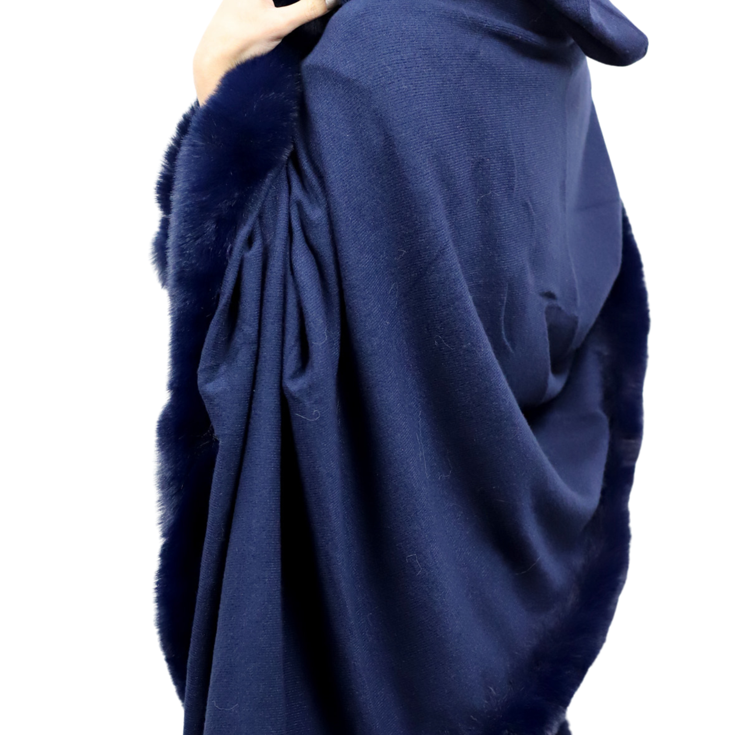 Wrap with Hood & Faux Fur Trim - Navy - Faux Fur Wrap - La Fiorentina 217901HOOD-NAVY