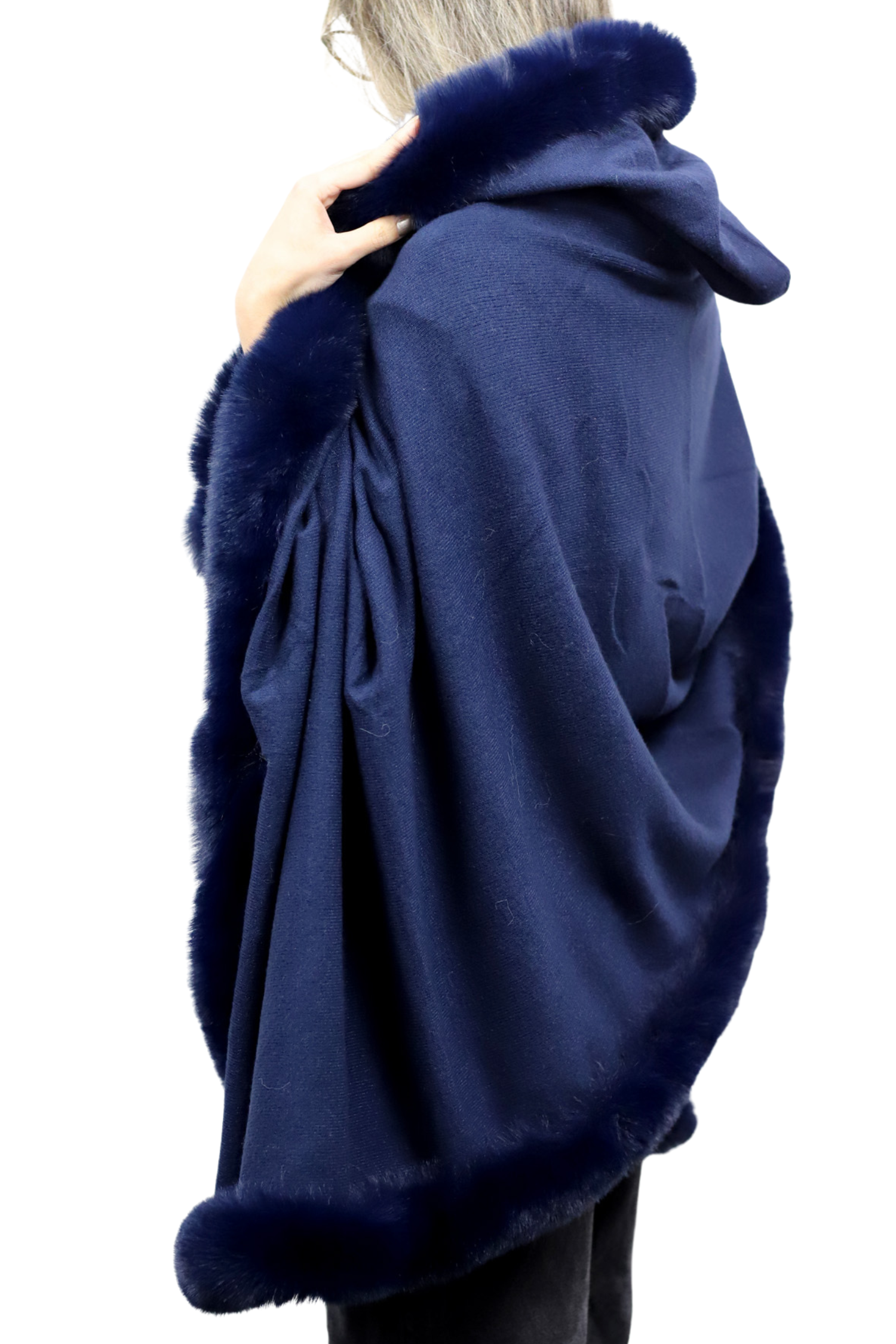 Wrap with Hood & Faux Fur Trim - Navy - Faux Fur Wrap - La Fiorentina 217901HOOD-NAVY