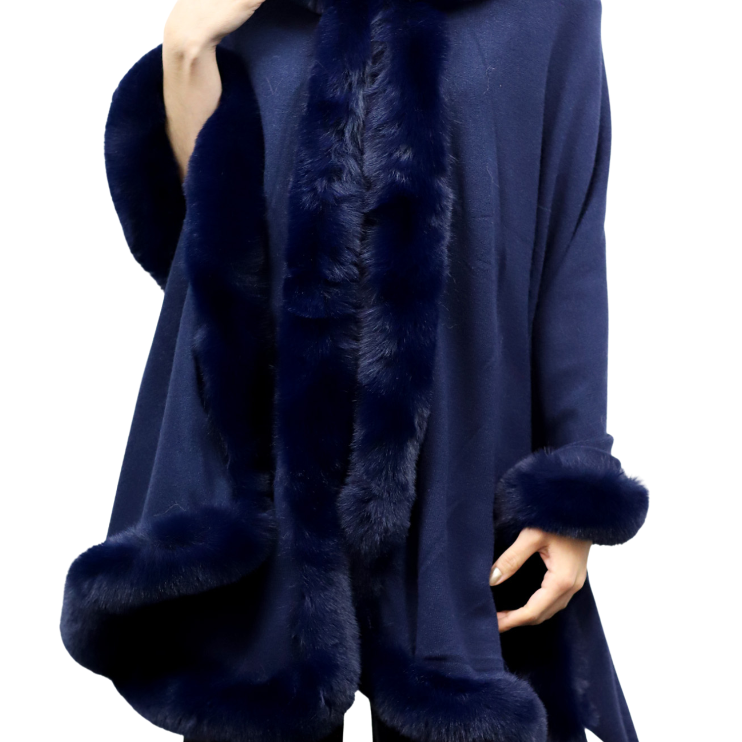 Wrap with Hood & Faux Fur Trim - Navy - Faux Fur Wrap - La Fiorentina 217901HOOD-NAVY