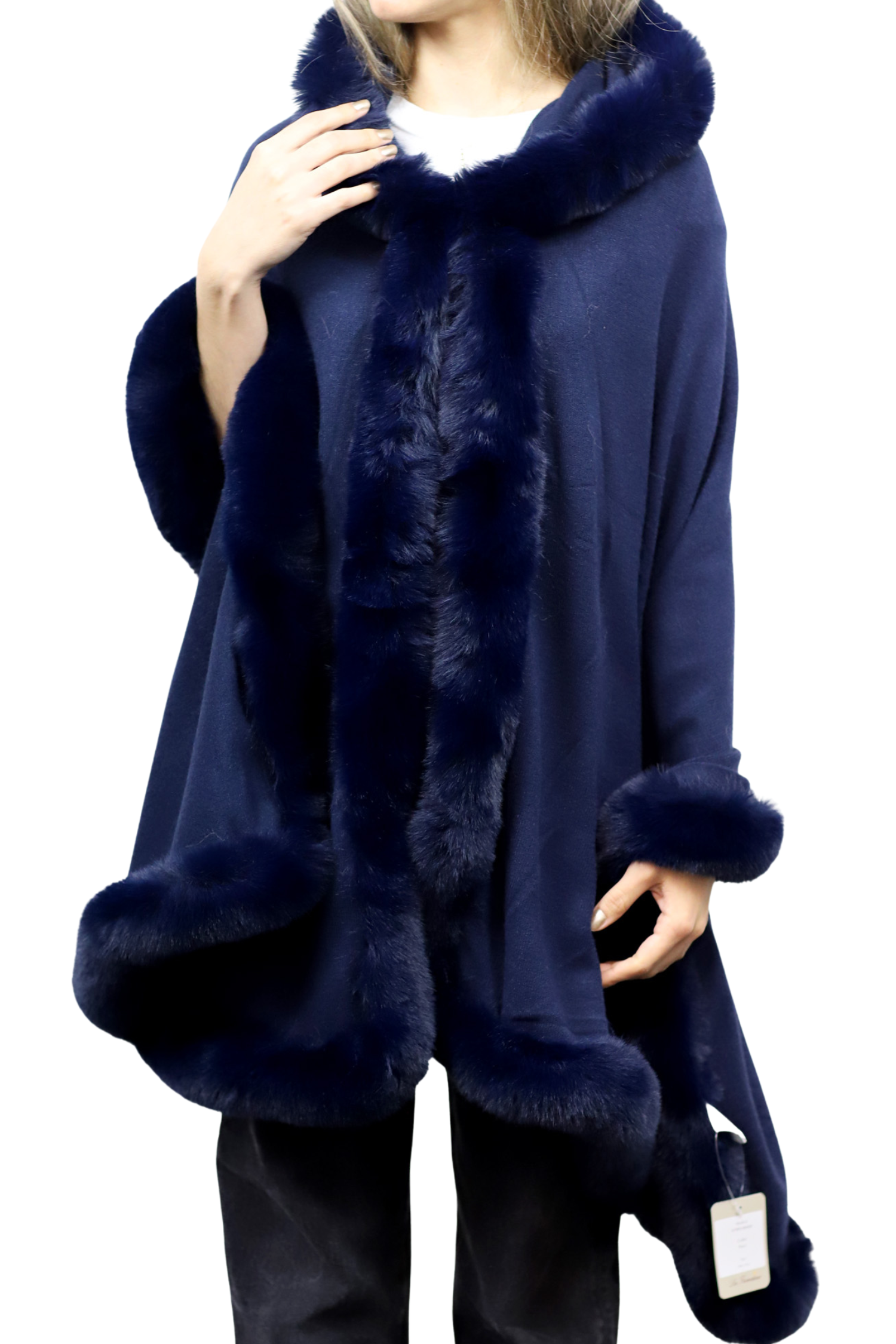 Wrap with Hood & Faux Fur Trim - Navy - Faux Fur Wrap - La Fiorentina 217901HOOD-NAVY