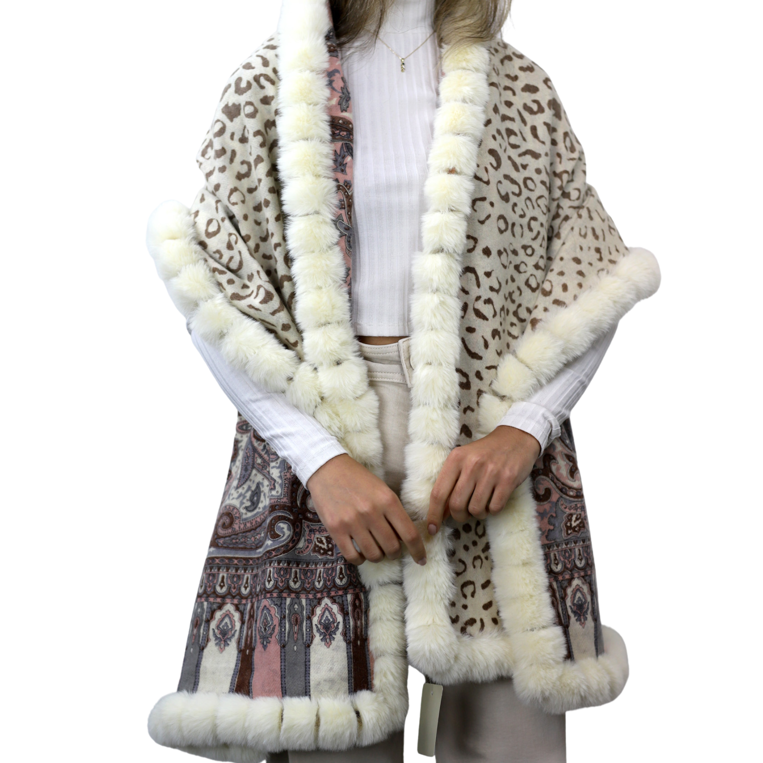 Wrap with Faux Trim - Paisley/Leopard Print - Faux Fur Wrap - La Fiorentina FAUX2132