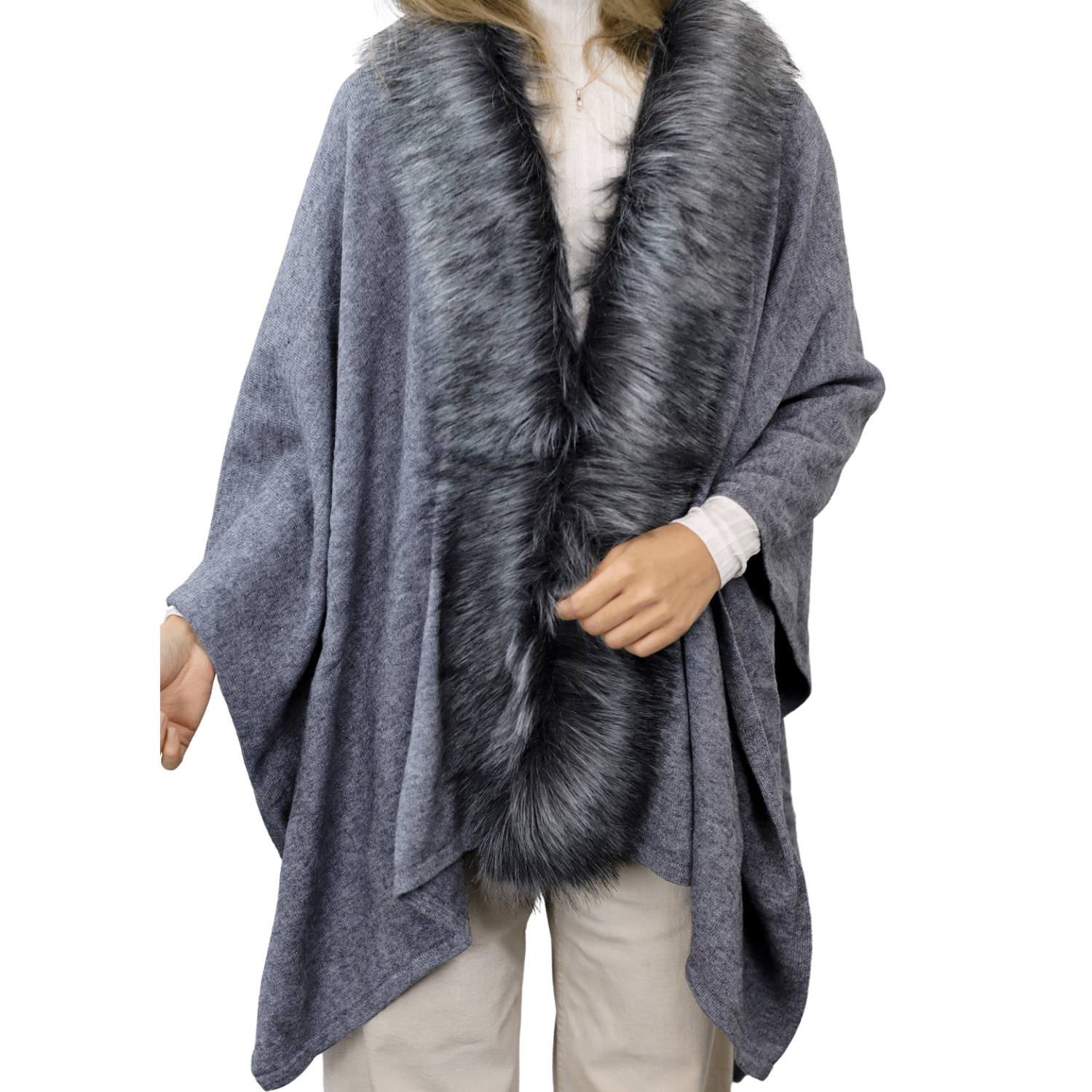La Fiorentina Ruana with Faux Trim - Black/Grey - Faux Fur Ruana - La Fiorentina, Black TN-119-FAUX-GREY
