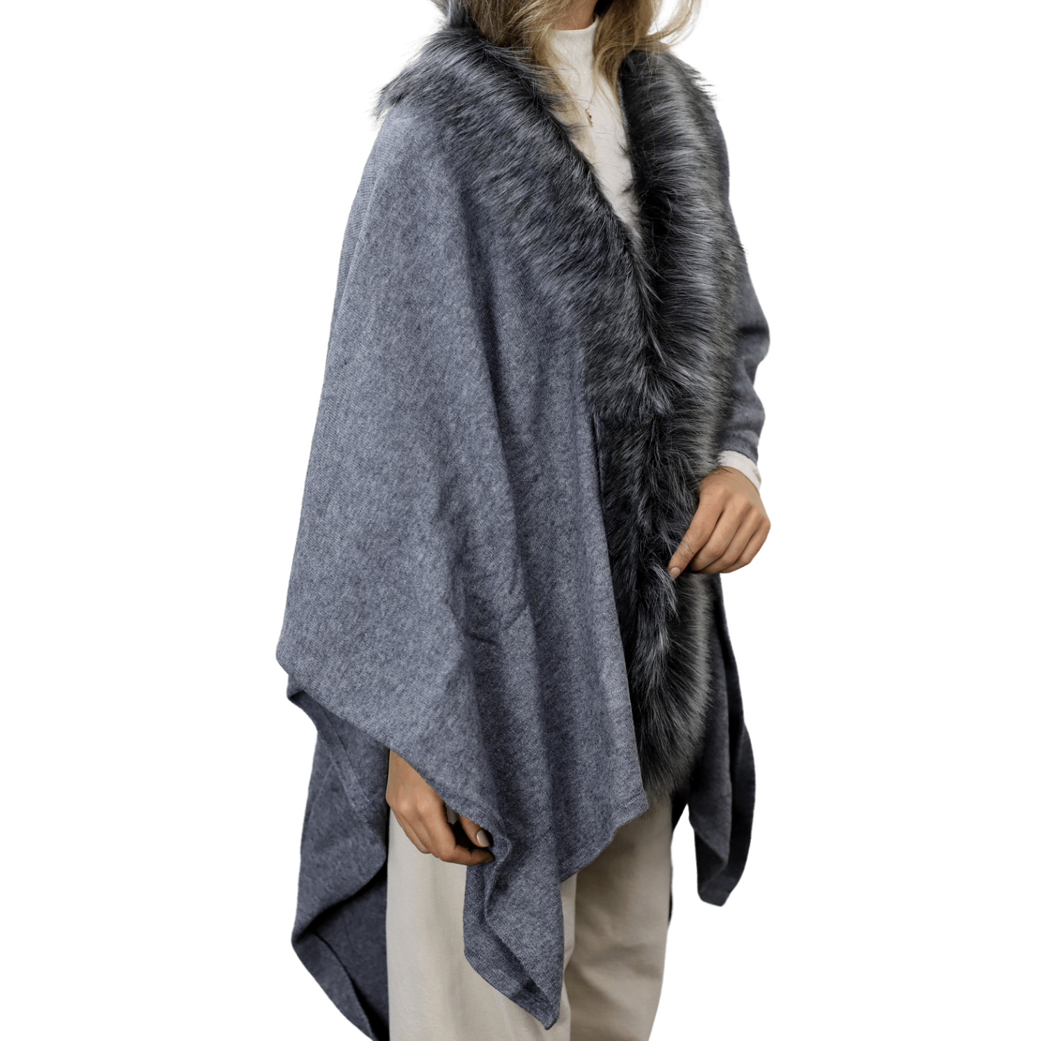 La Fiorentina Ruana with Faux Trim - Black/Grey - Faux Fur Ruana - La Fiorentina, Black TN-119-FAUX-GREY