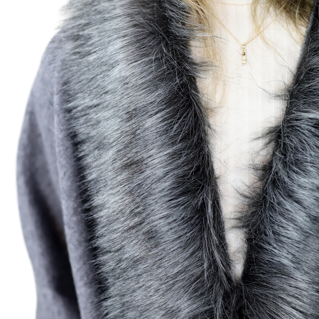 La Fiorentina Ruana with Faux Trim - Black/Grey - Faux Fur Ruana - La Fiorentina, Black TN-119-FAUX-GREY