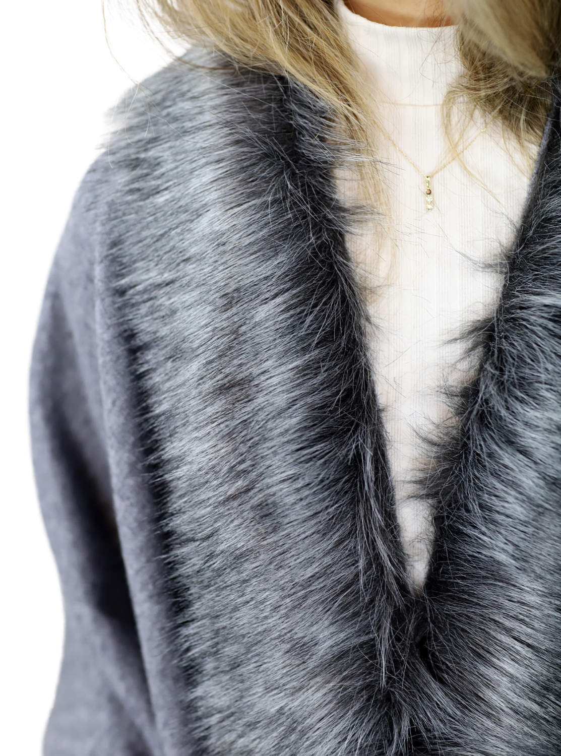 La Fiorentina Ruana with Faux Trim - Black/Grey - Faux Fur Ruana - La Fiorentina, Black TN-119-FAUX-GREY