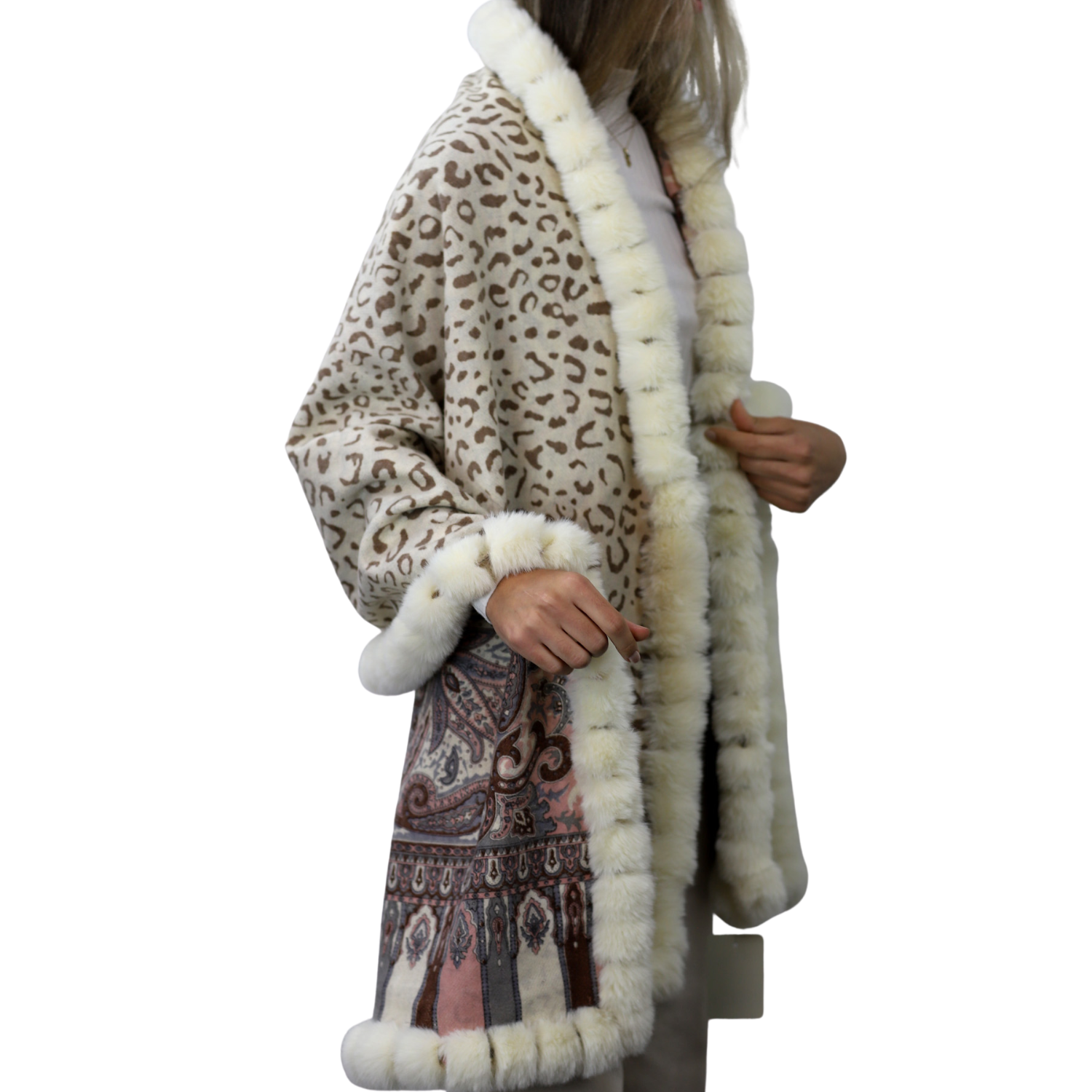 Wrap with Faux Trim - Paisley/Leopard Print - Faux Fur Wrap - La Fiorentina FAUX2132