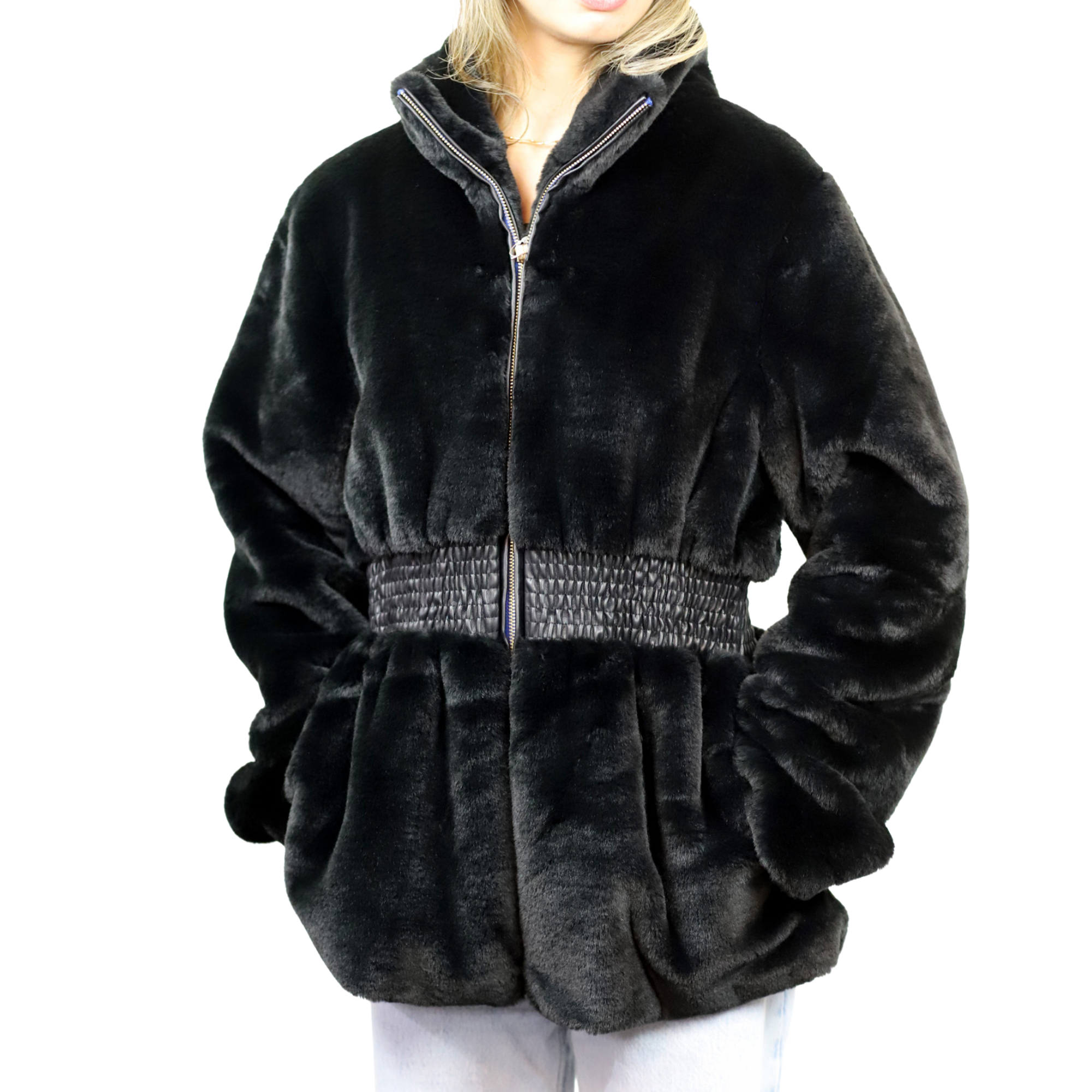 Plush Faux Fur Cinched Waist Jacket - Black - Outerwear - La Fiorentina CAM22119-BLACK-S