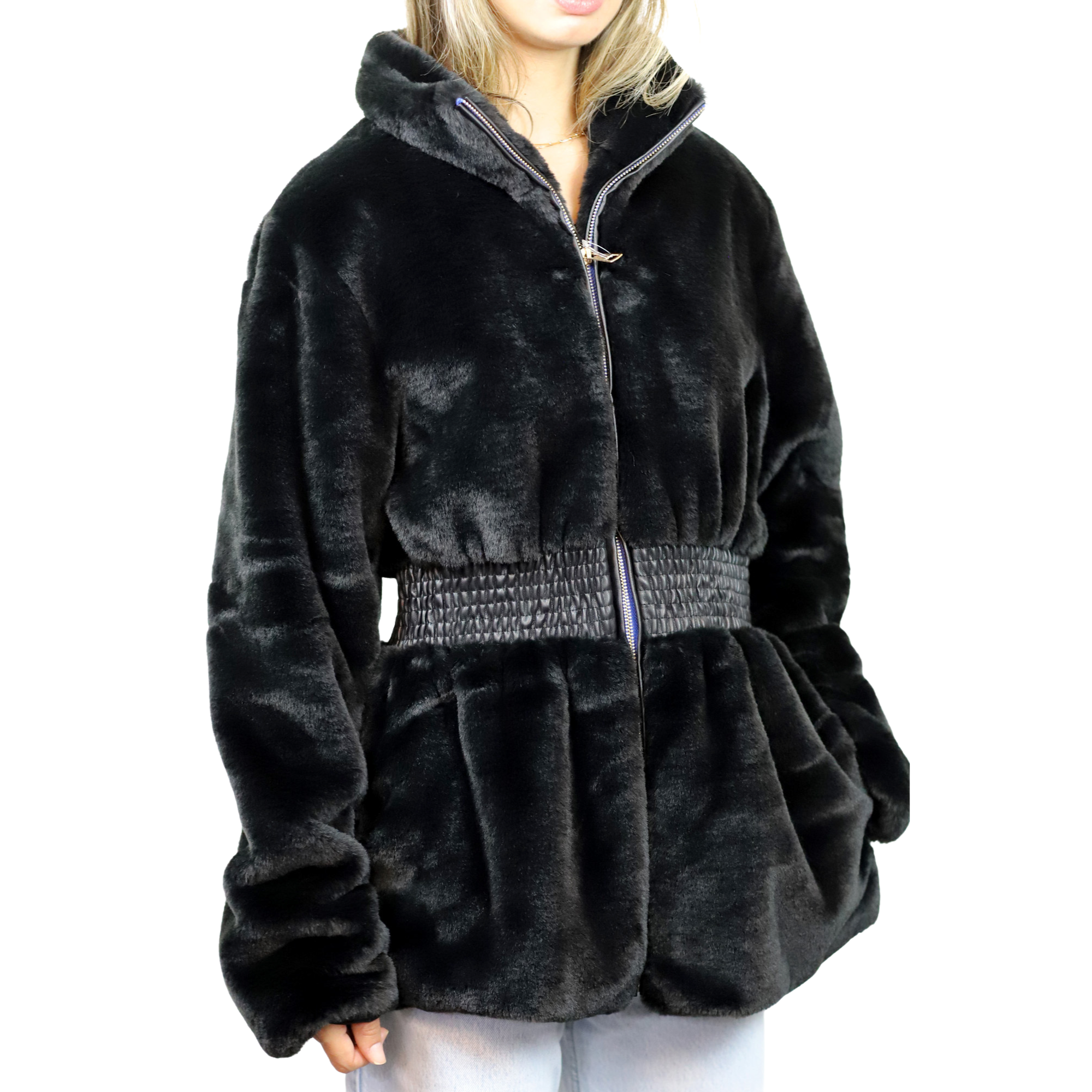Plush Faux Fur Cinched Waist Jacket - Black - Outerwear - La Fiorentina CAM22119-BLACK-XL