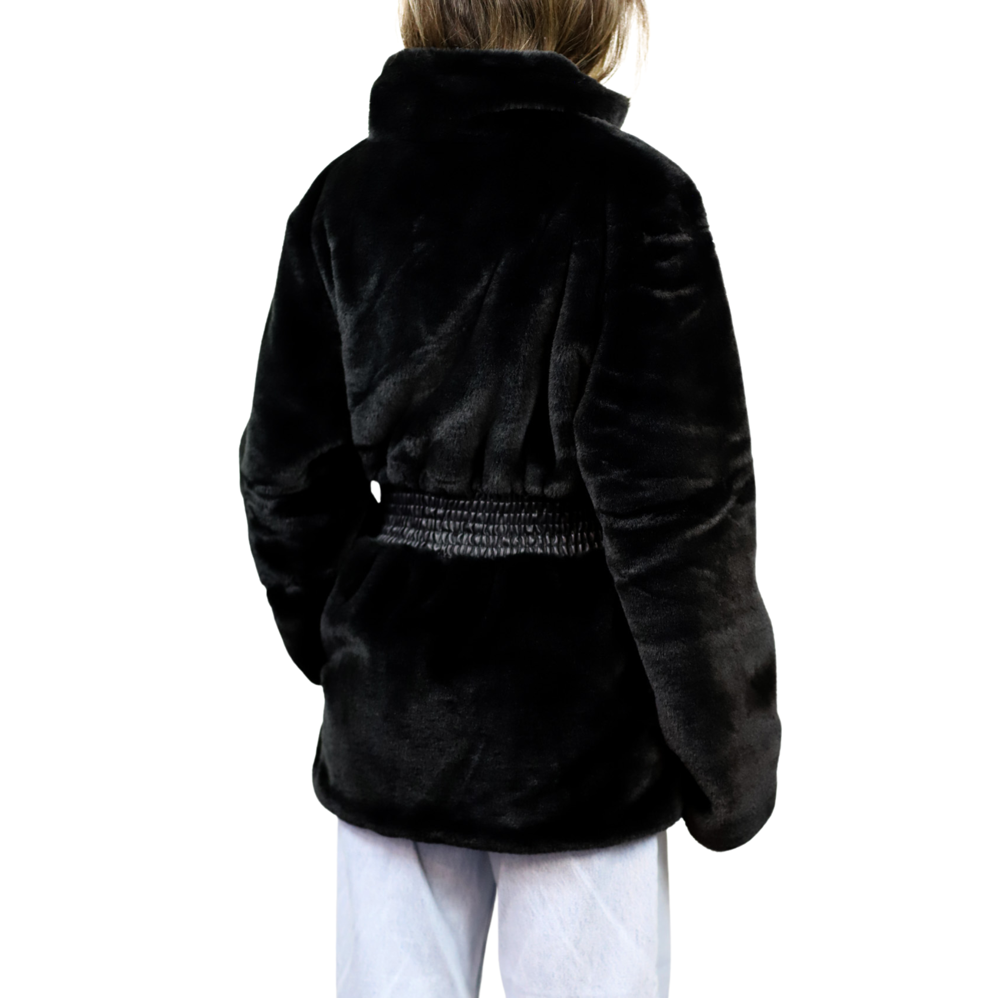 Plush Faux Fur Cinched Waist Jacket - Black - Outerwear - La Fiorentina CAM22119-BLACK-M