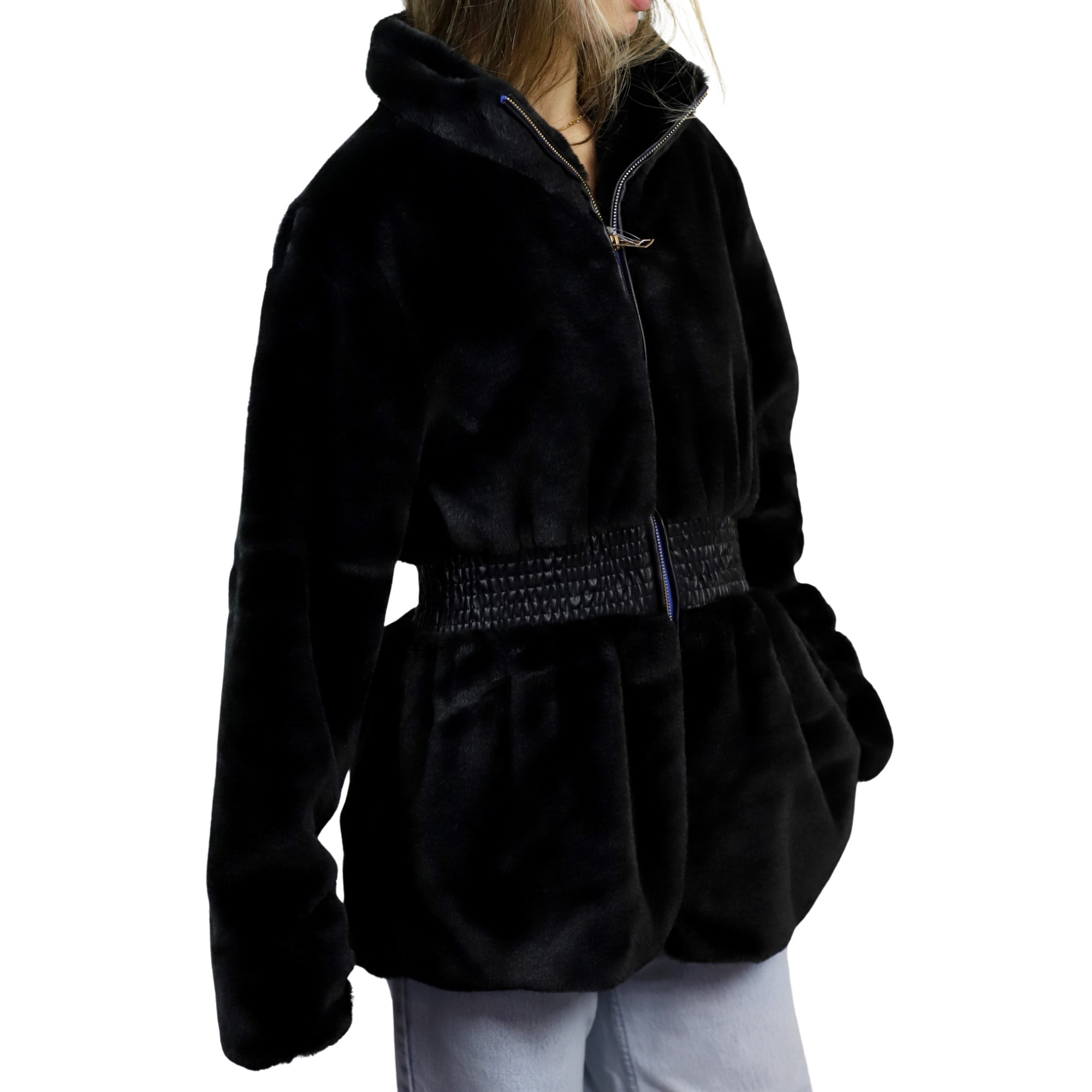 Plush Faux Fur Cinched Waist Jacket - Black - Outerwear - La Fiorentina CAM22119-BLACK-XL