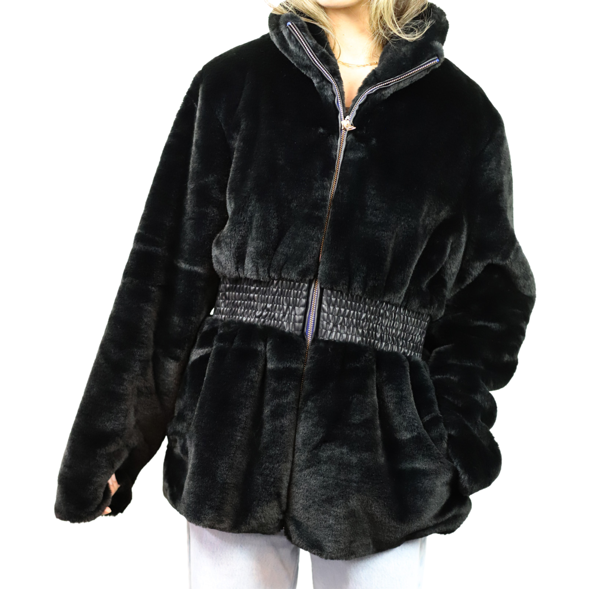 Plush Faux Fur Cinched Waist Jacket - Black - Outerwear - La Fiorentina CAM22119-BLACK-XL