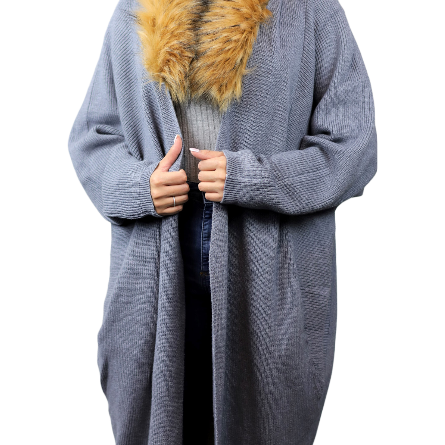 Oversized Cardigan with Faux Trim Collar - Grey - Faux Fur Ruana - La Fiorentina 410382S