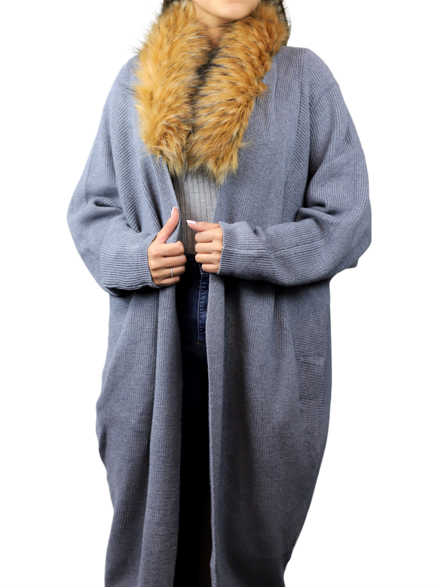 Oversized Cardigan with Faux Trim Collar - Grey - Faux Fur Ruana - La Fiorentina 410382S