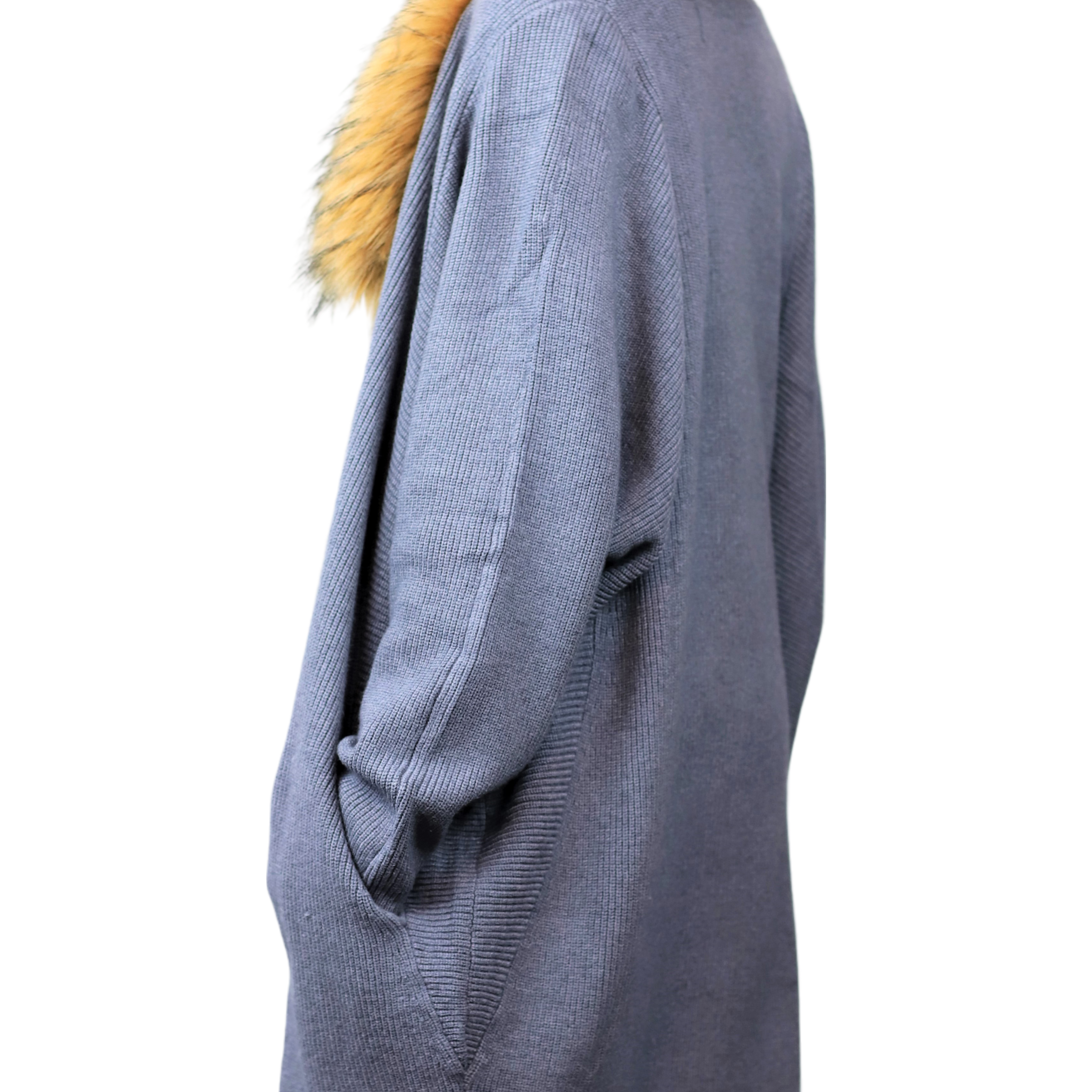 Oversized Cardigan with Faux Trim Collar - Grey - Faux Fur Ruana - La Fiorentina 410382S