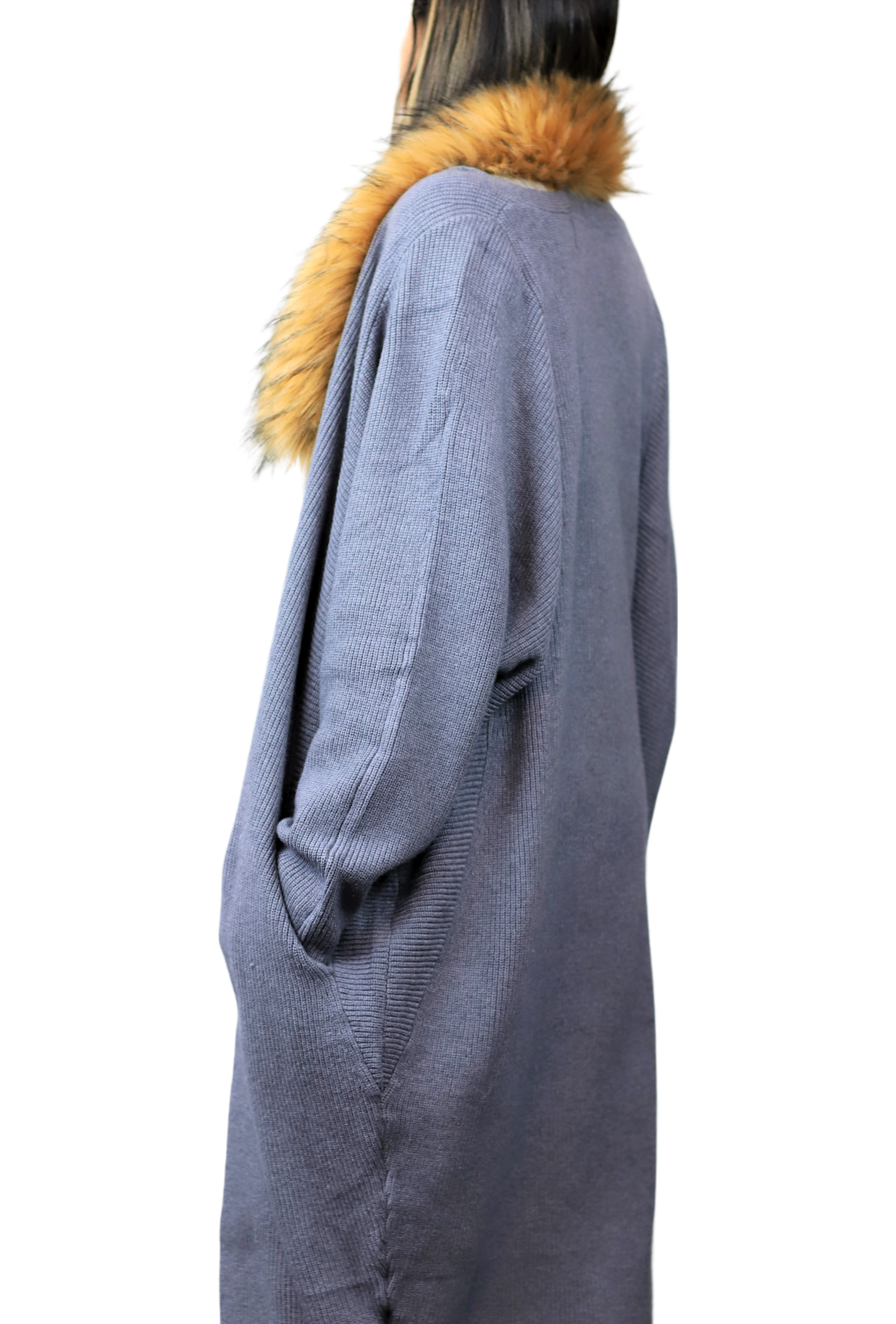 Oversized Cardigan with Faux Trim Collar - Grey - Faux Fur Ruana - La Fiorentina 410382S