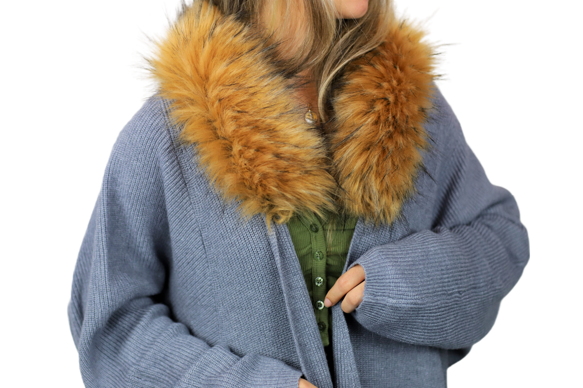 Oversized Cardigan with Faux Trim Collar - Grey - Faux Fur Ruana - La Fiorentina 410382S